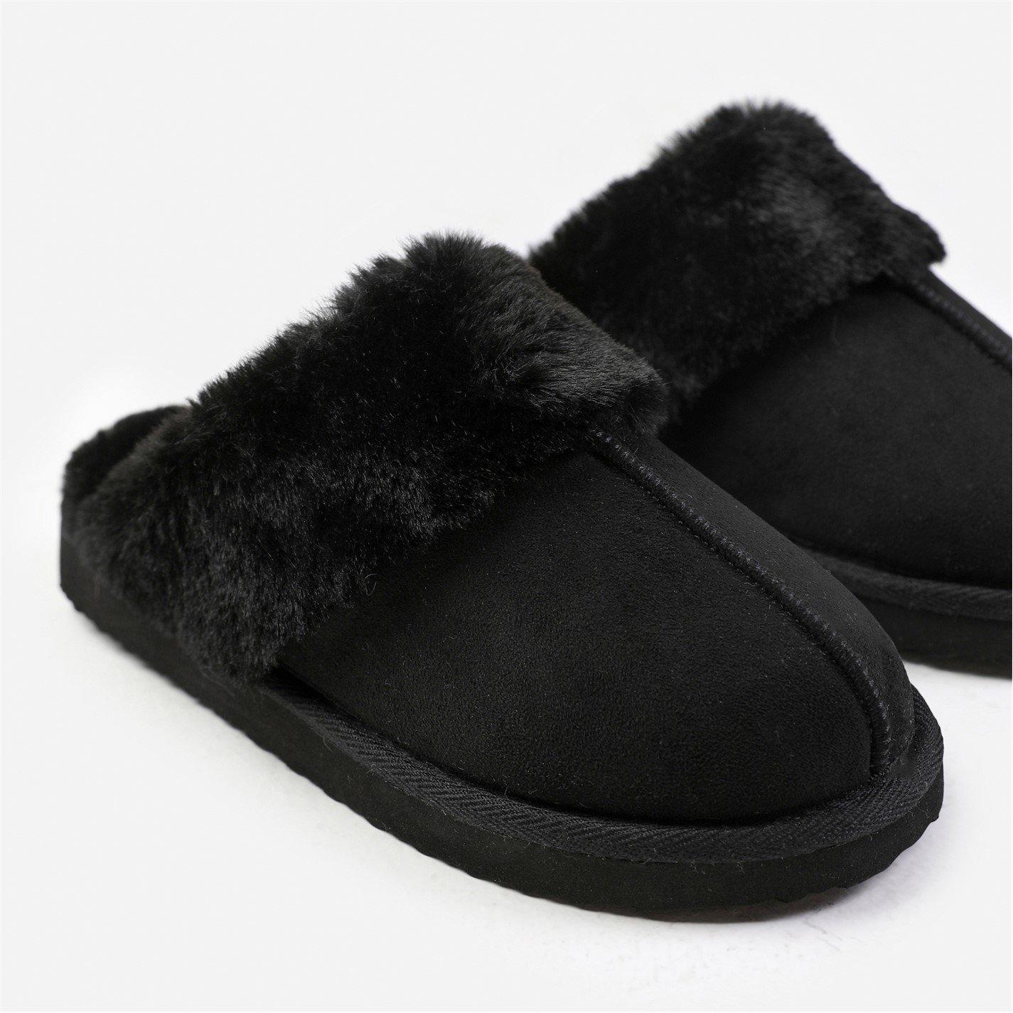 Black Suede - Wheres That From - Lounge Black Suede Slippers With Fur Trim - 4