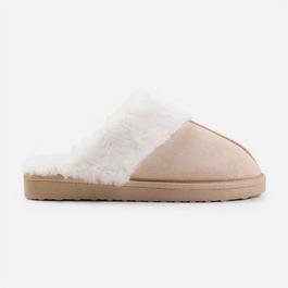 Wheres That From Lounge Cream Suede Slippers With Fur Trim