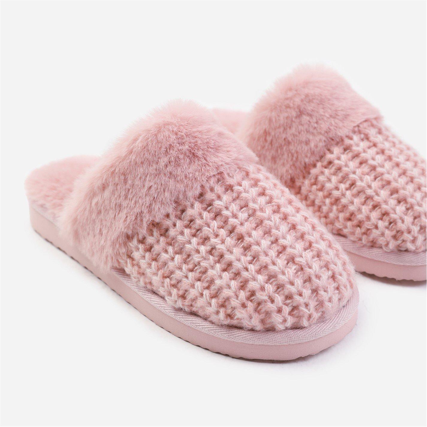 Lightpinkyarn - Wheres That From - Slip On Knitted Slippers With Fur Trim - 4