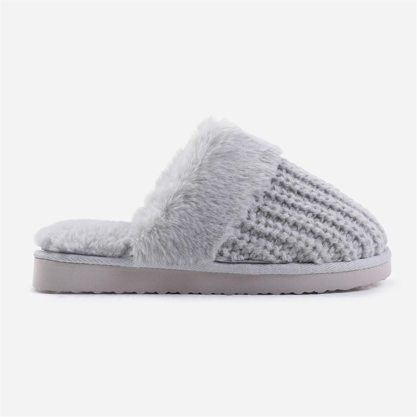 Wheres That From Comfort Grey Yarn Fur Trim Knitted Slippers