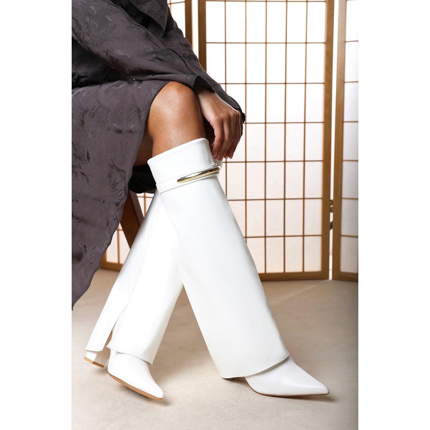 White - Wheres That From - Nareva Fold Over Shark Block Heel Point Toe Boots - 1