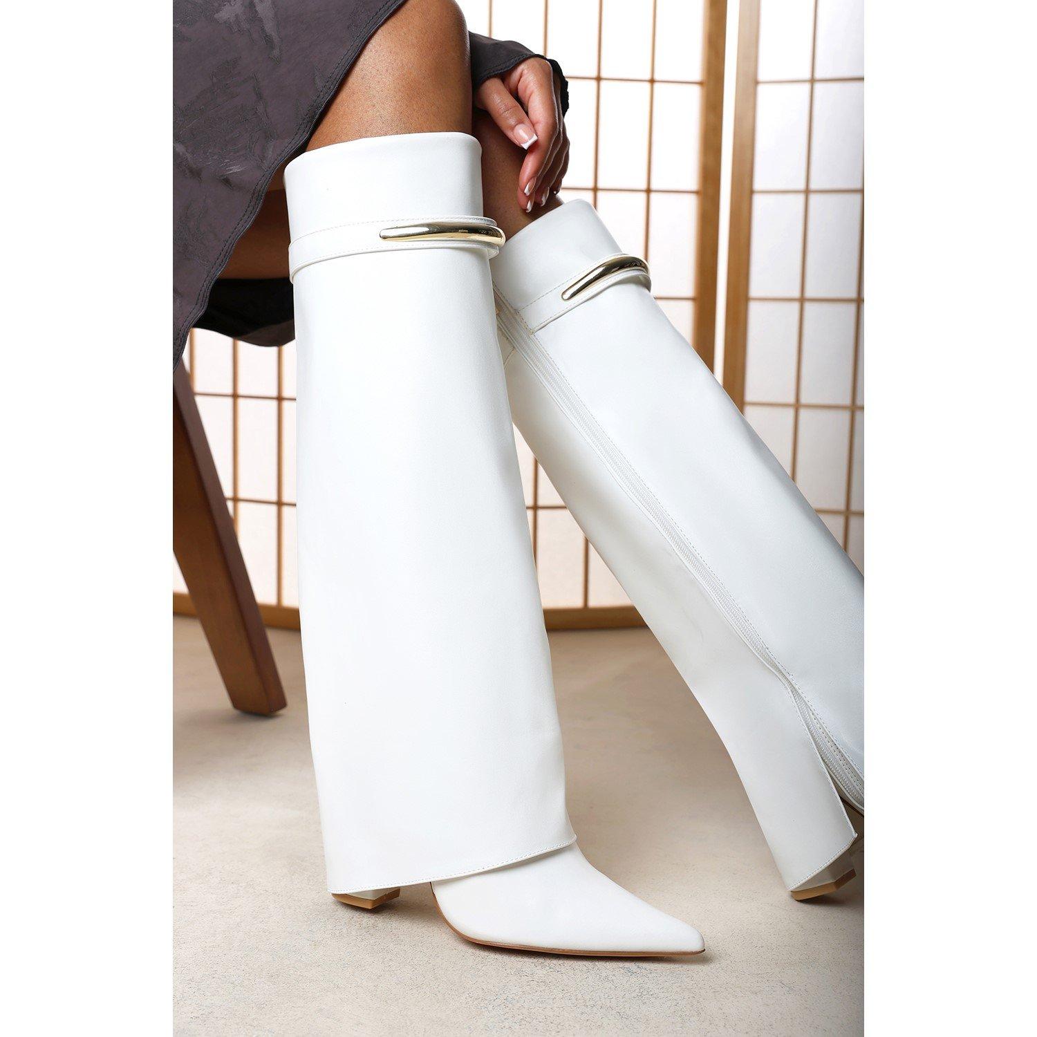 White - Wheres That From - Nareva Fold Over Shark Block Heel Point Toe Boots - 2