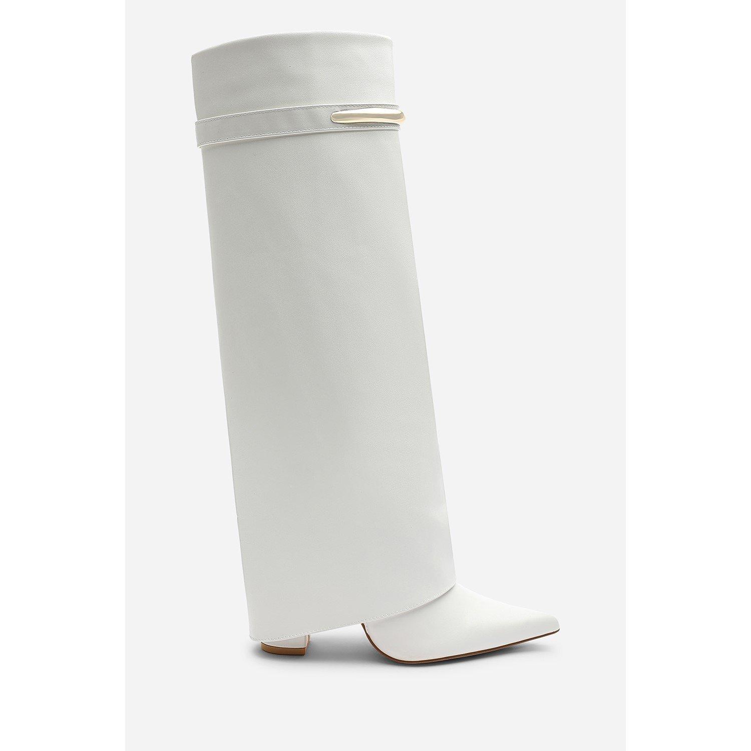 White - Wheres That From - Nareva Fold Over Shark Block Heel Point Toe Boots - 3