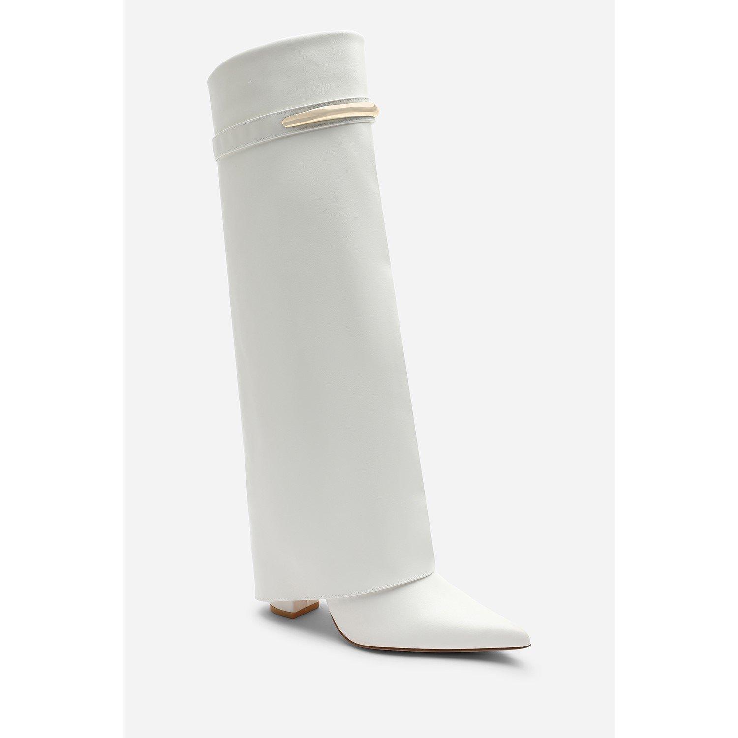 White - Wheres That From - Nareva Fold Over Shark Block Heel Point Toe Boots - 4