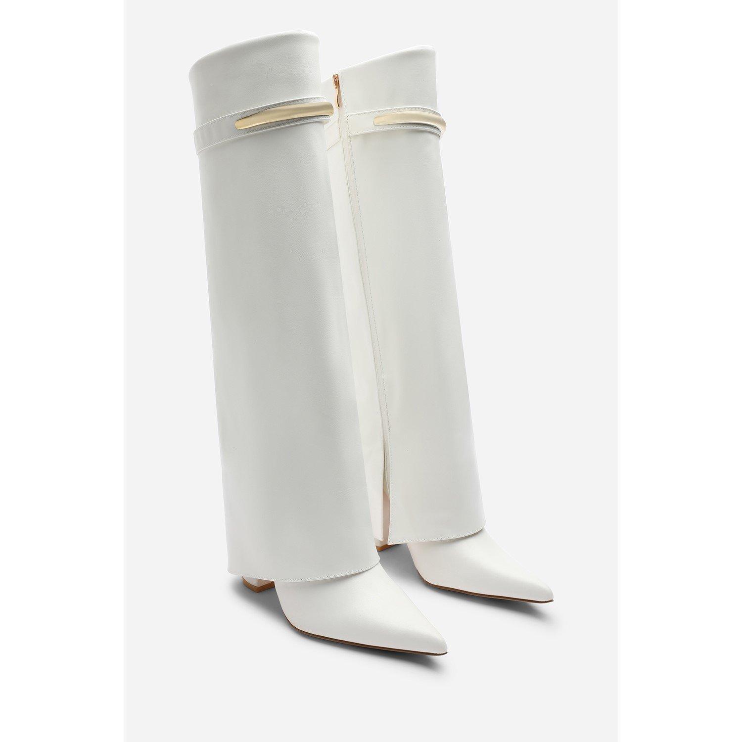 White - Wheres That From - Nareva Fold Over Shark Block Heel Point Toe Boots - 5