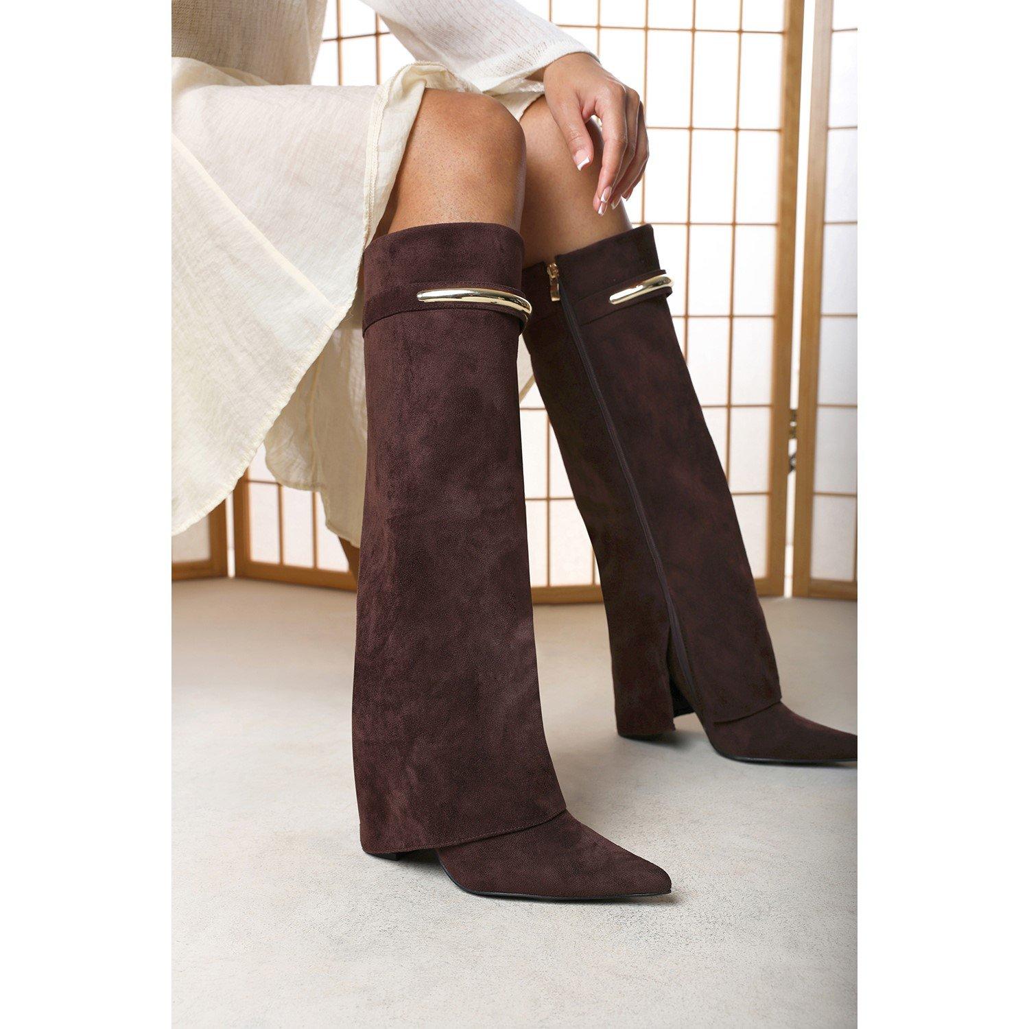 Dark Brown - Wheres That From - Nareva Fold Over Shark Block Heel Point Toe Boots - 1