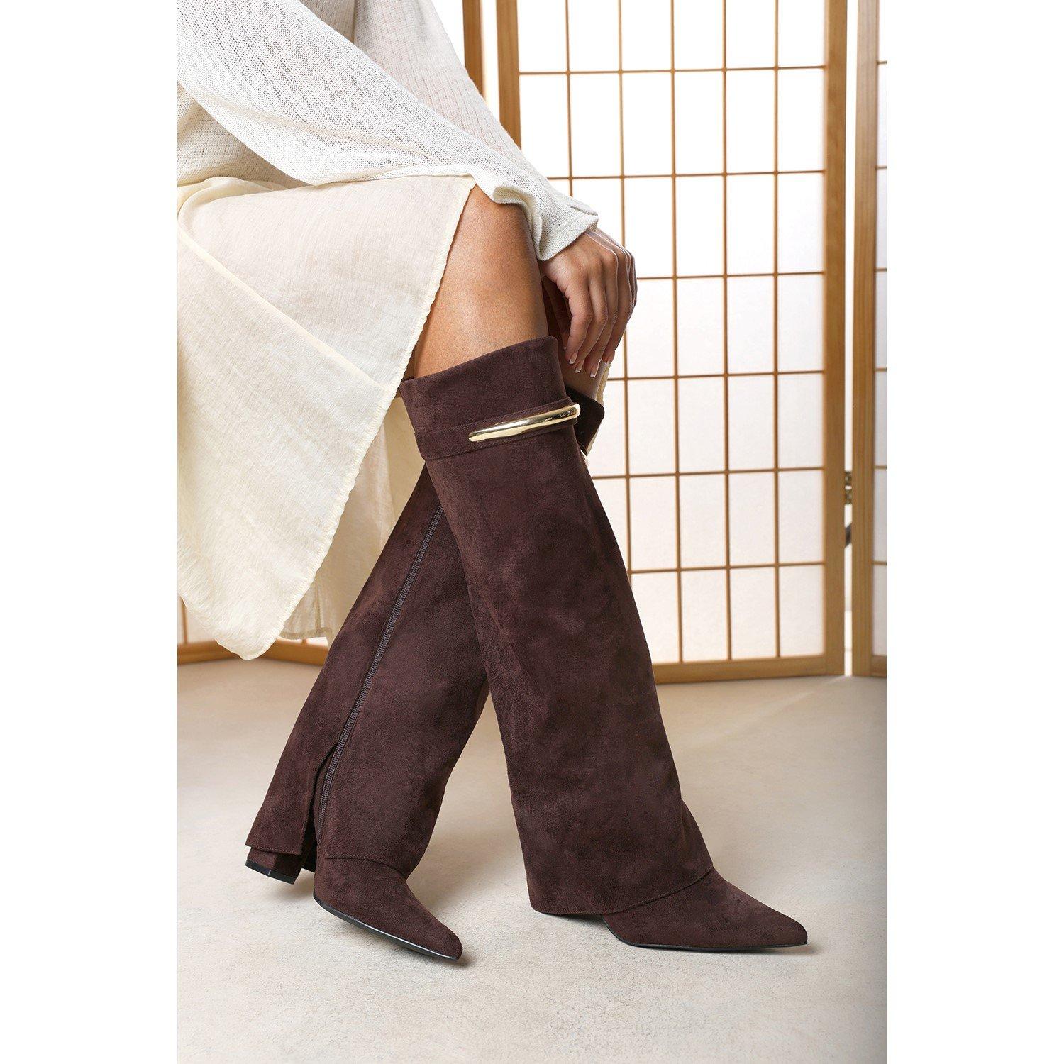 Dark Brown - Wheres That From - Nareva Fold Over Shark Block Heel Point Toe Boots - 2
