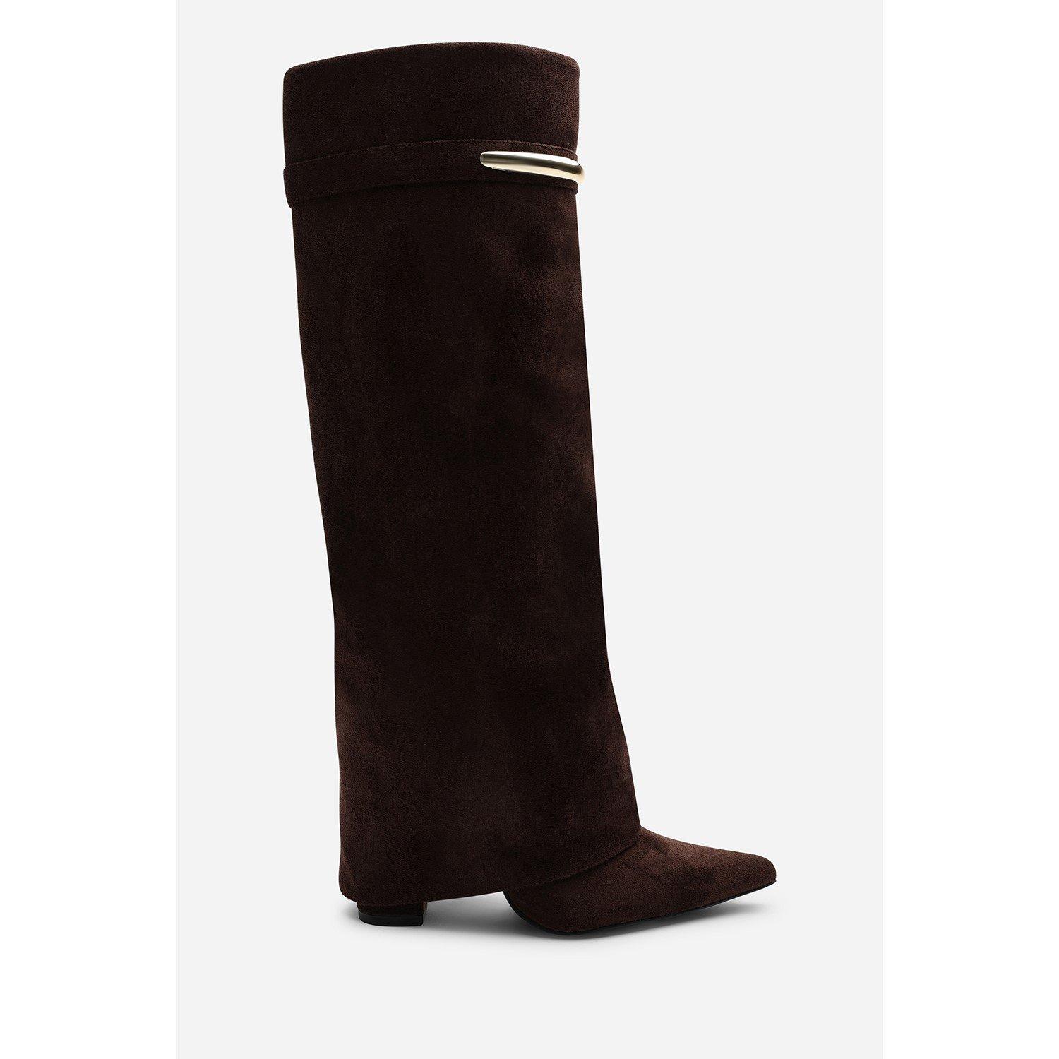 Dark Brown - Wheres That From - Nareva Fold Over Shark Block Heel Point Toe Boots - 3