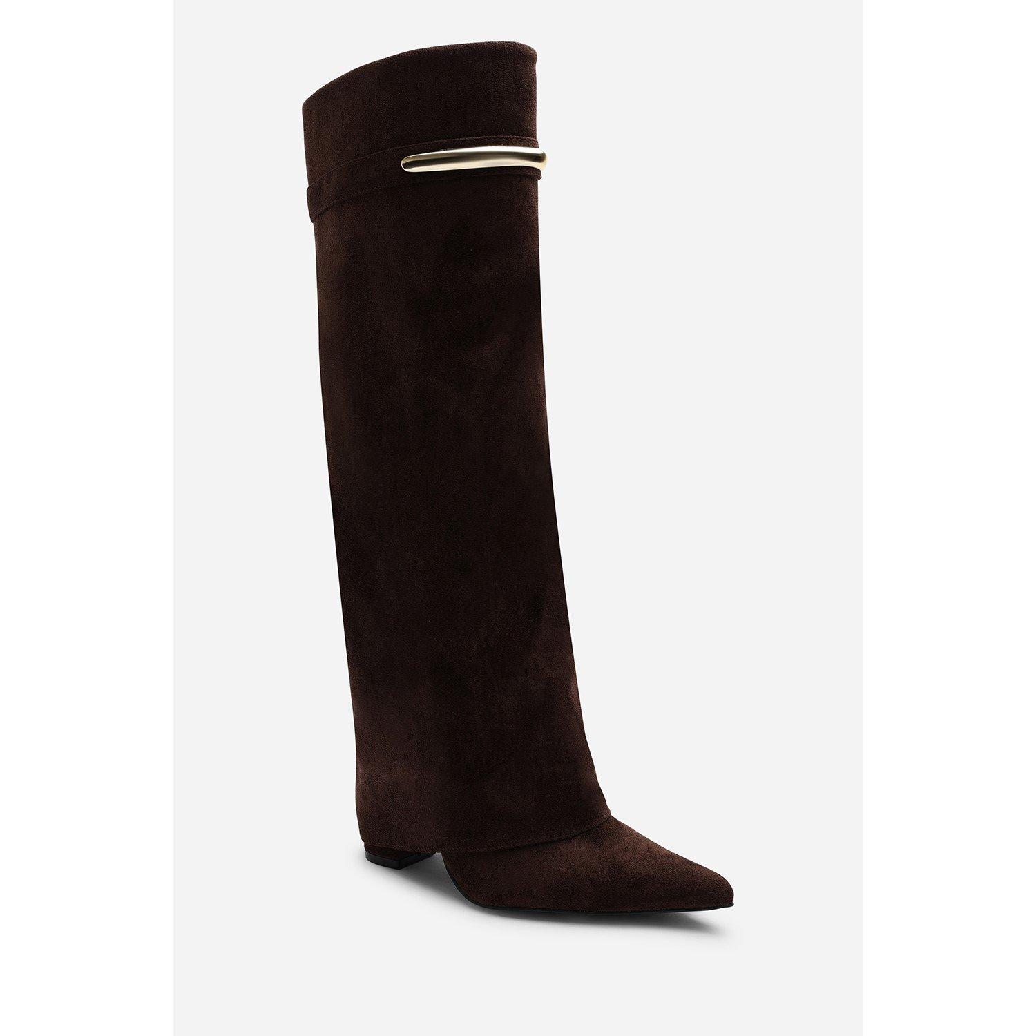 Dark Brown - Wheres That From - Nareva Fold Over Shark Block Heel Point Toe Boots - 4