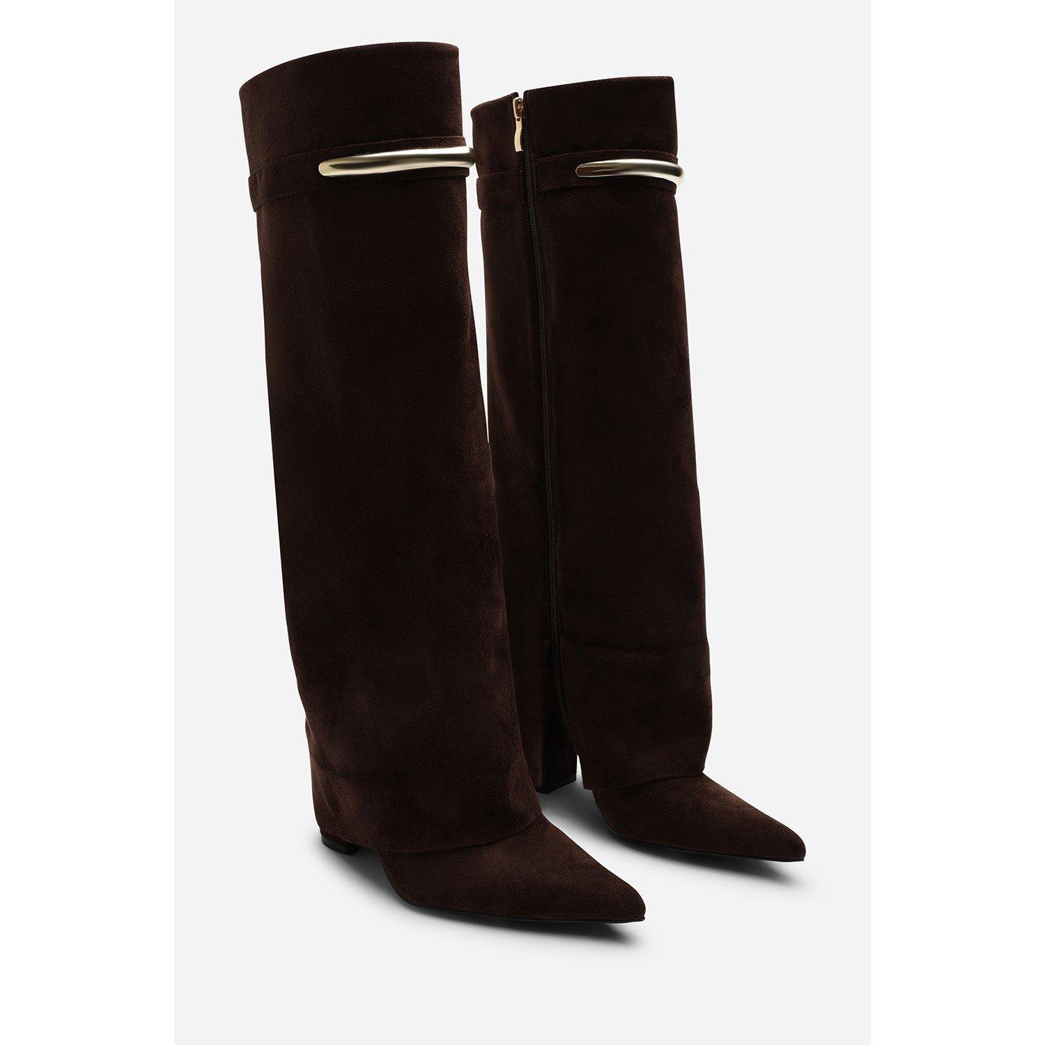 Dark Brown - Wheres That From - Nareva Fold Over Shark Block Heel Point Toe Boots - 5