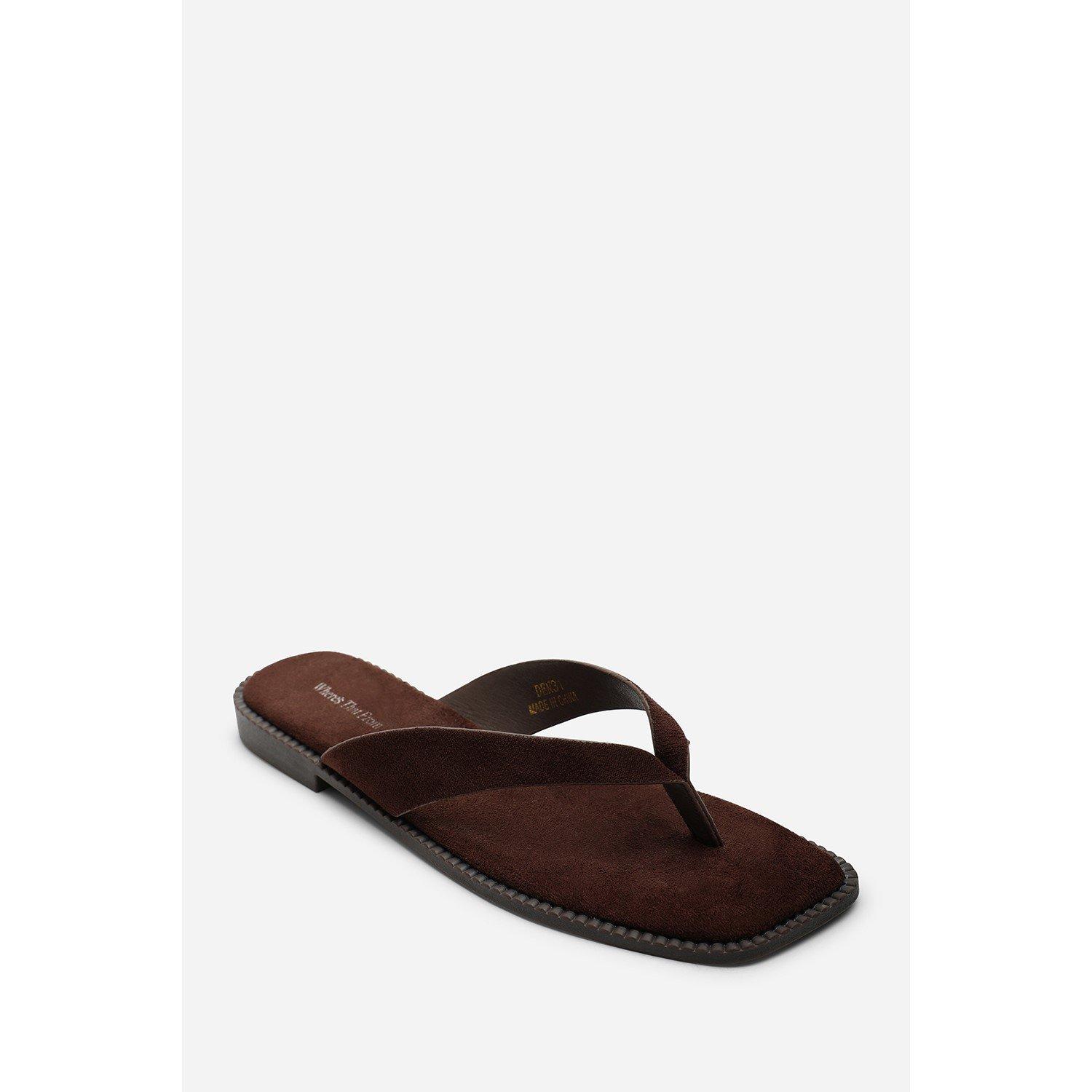 Dark Brown - Wheres That From - Square Toe Dark Brown Suede Flip Flop Sandal - 4