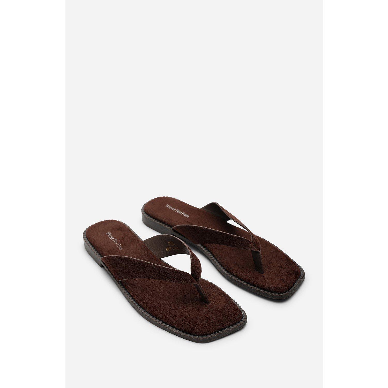 Dark Brown - Wheres That From - Square Toe Dark Brown Suede Flip Flop Sandal - 5