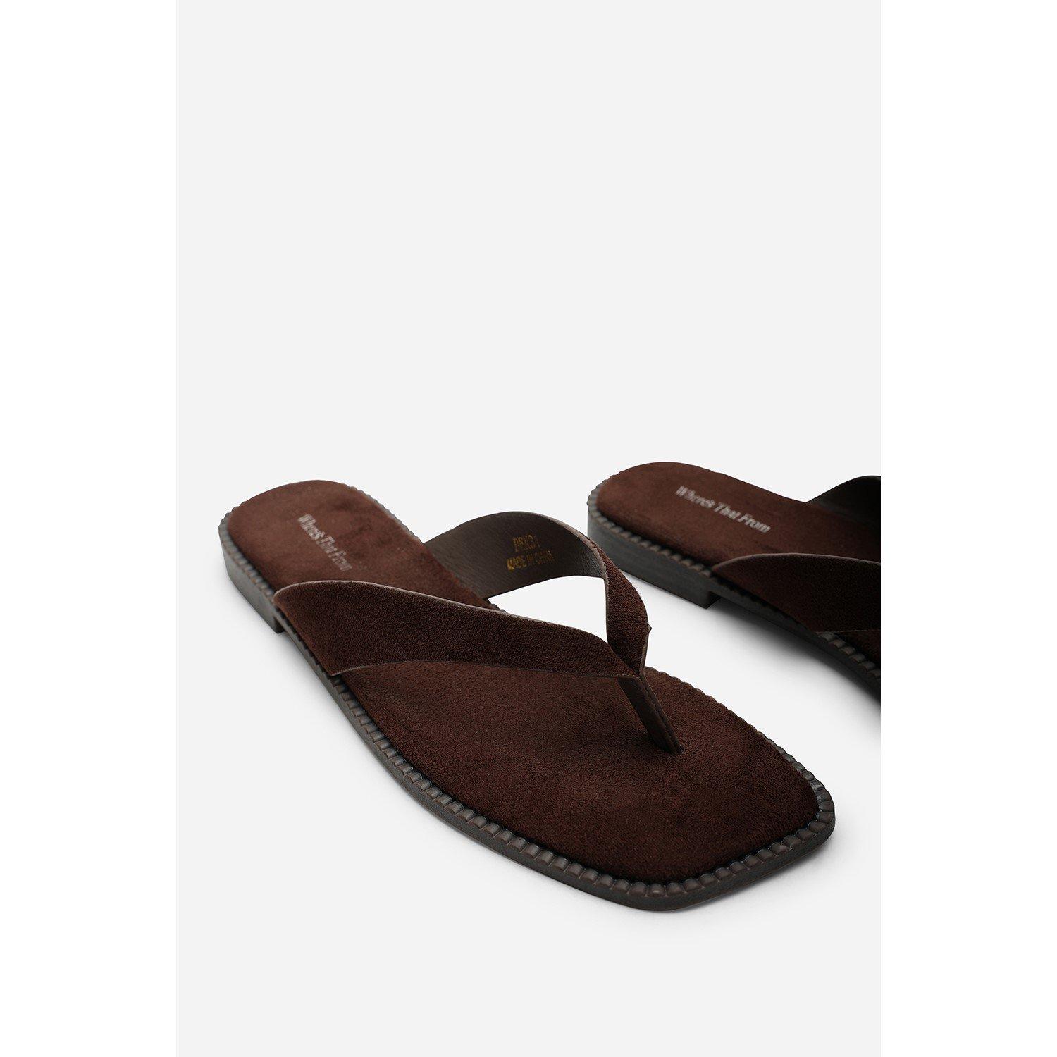 Dark Brown - Wheres That From - Square Toe Dark Brown Suede Flip Flop Sandal - 6