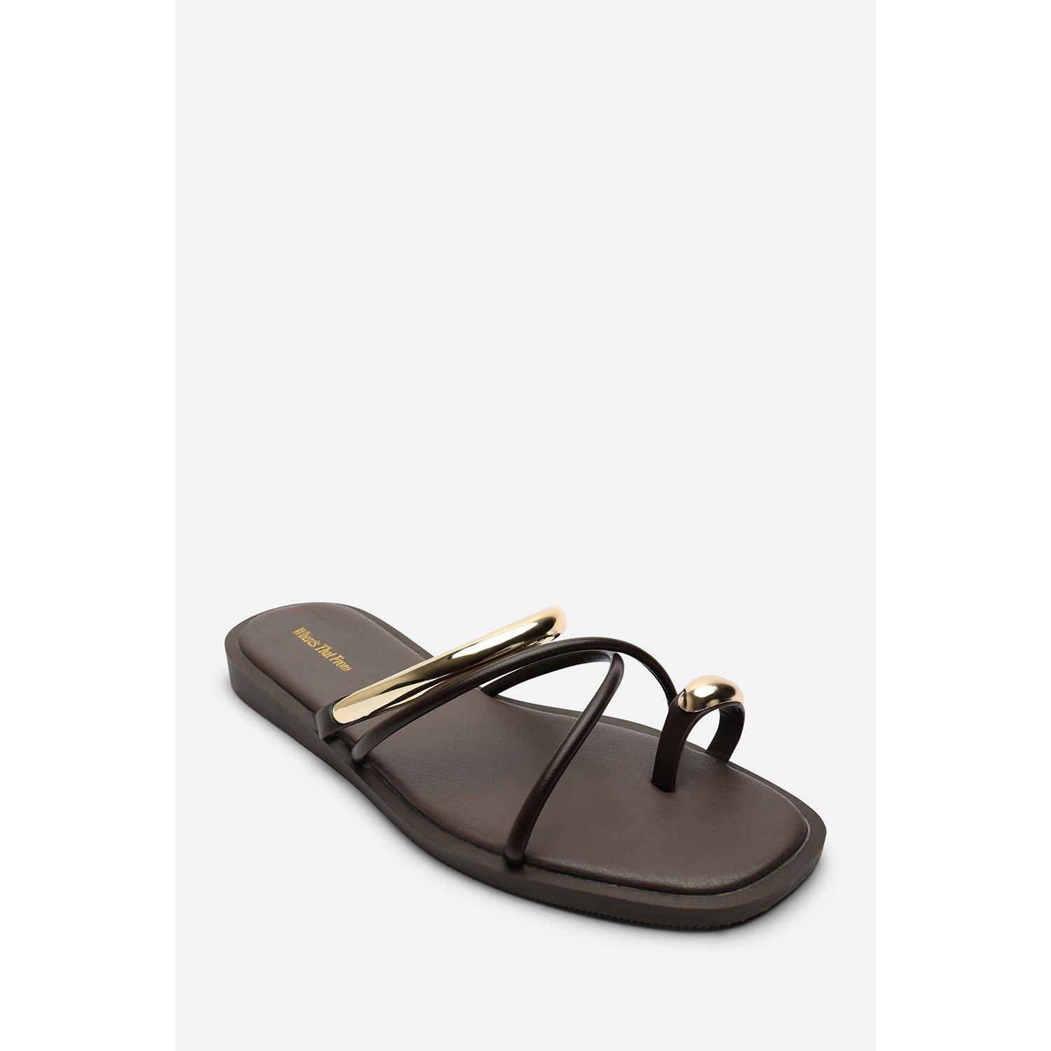 Dark Brown - Wheres That From - Zelina Strappy Metal Toe Loop Dark Brown Slide On - 4