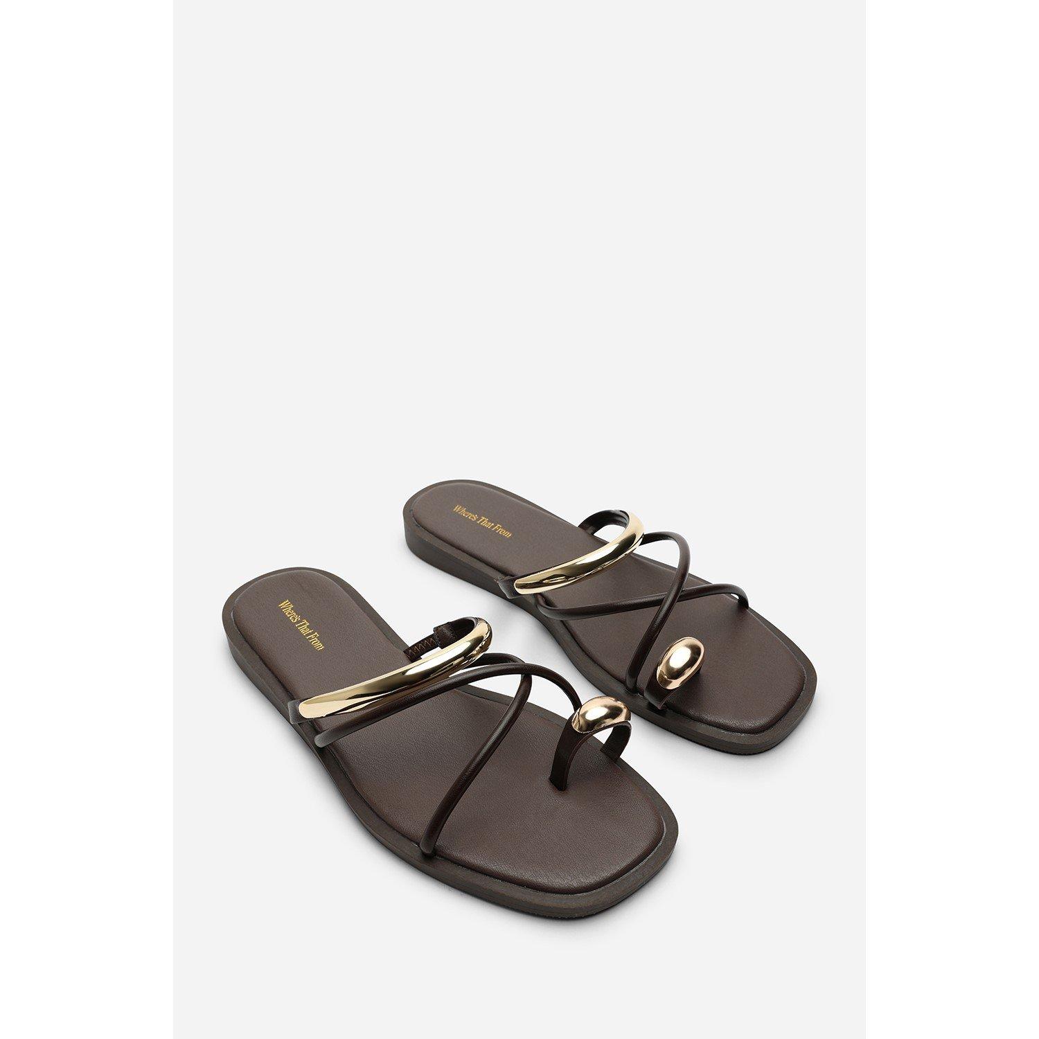 Dark Brown - Wheres That From - Zelina Strappy Metal Toe Loop Dark Brown Slide On - 5