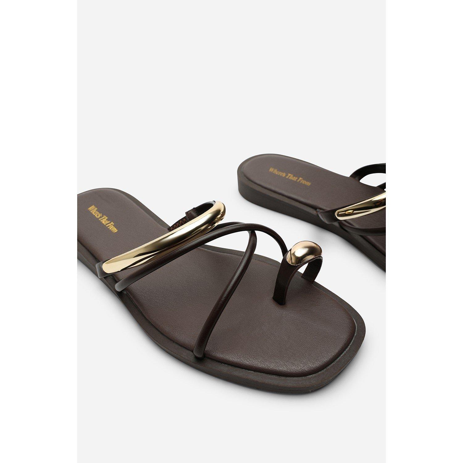 Dark Brown - Wheres That From - Zelina Strappy Metal Toe Loop Dark Brown Slide On - 6