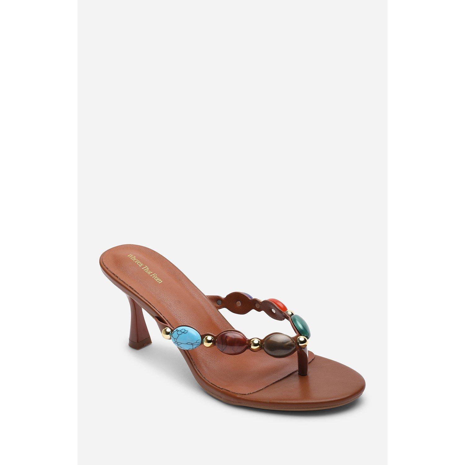 Tan - Wheres That From - Electra Jewel Embellished Tan Heeled Sandals - 2