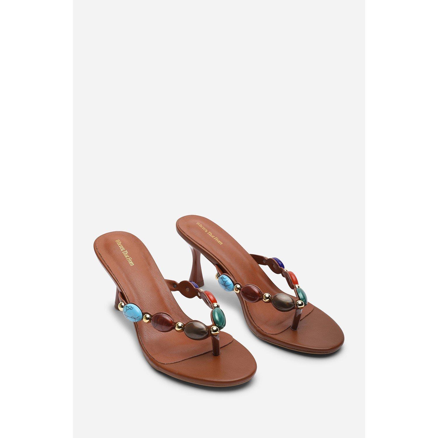 Tan - Wheres That From - Electra Jewel Embellished Tan Heeled Sandals - 3