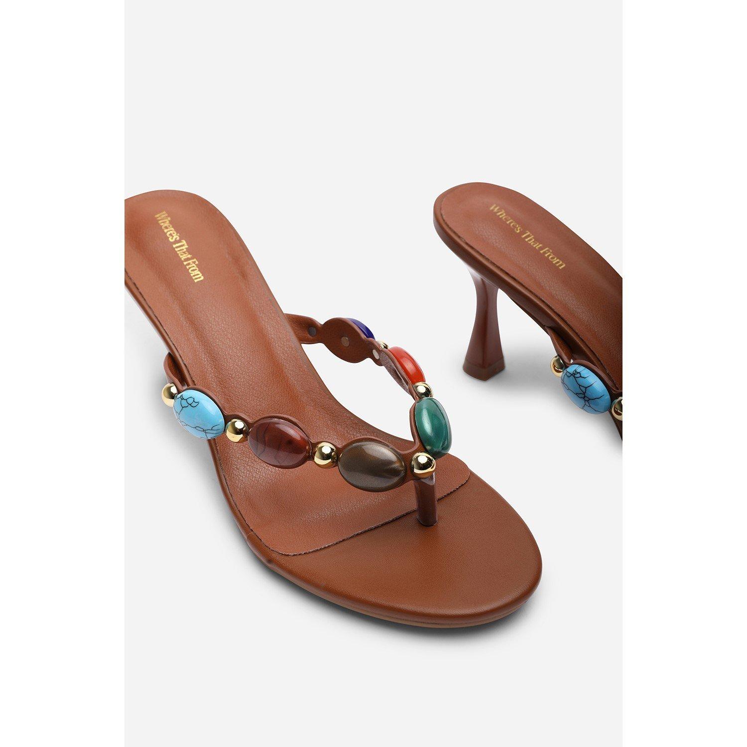 Tan - Wheres That From - Electra Jewel Embellished Tan Heeled Sandals - 4