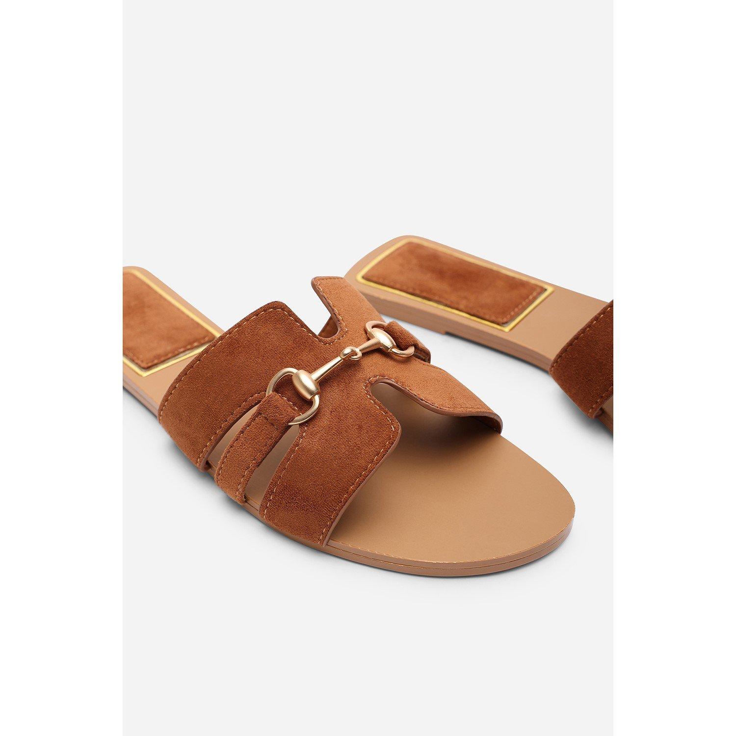 Tan - Wheres That From - Dorina Embellished Wide Fit Tan Suede Slide On San - 4