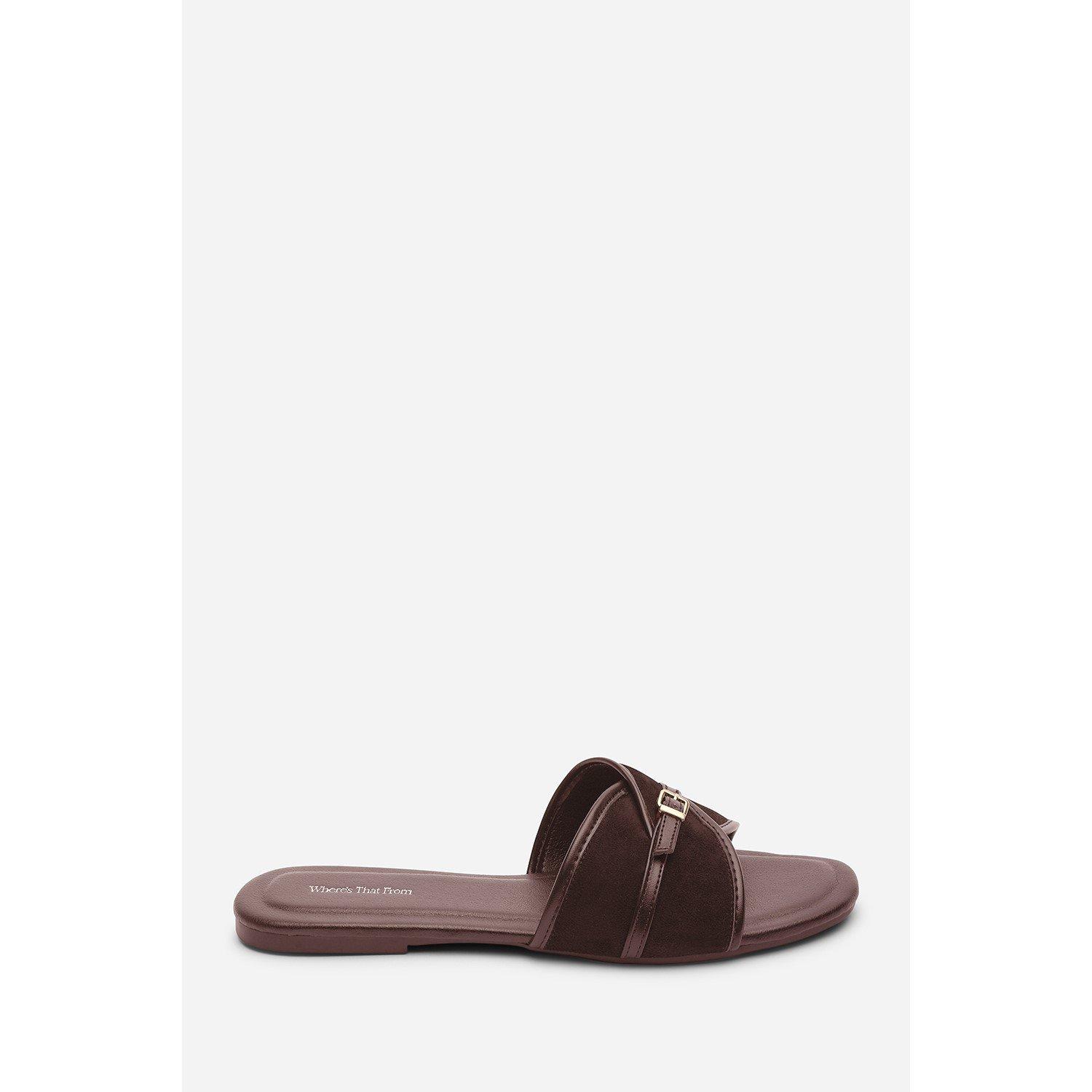 Dark Brown - Wheres That From - Mariva Cross Over Buckle Dark Brown Suede Slide on - 2