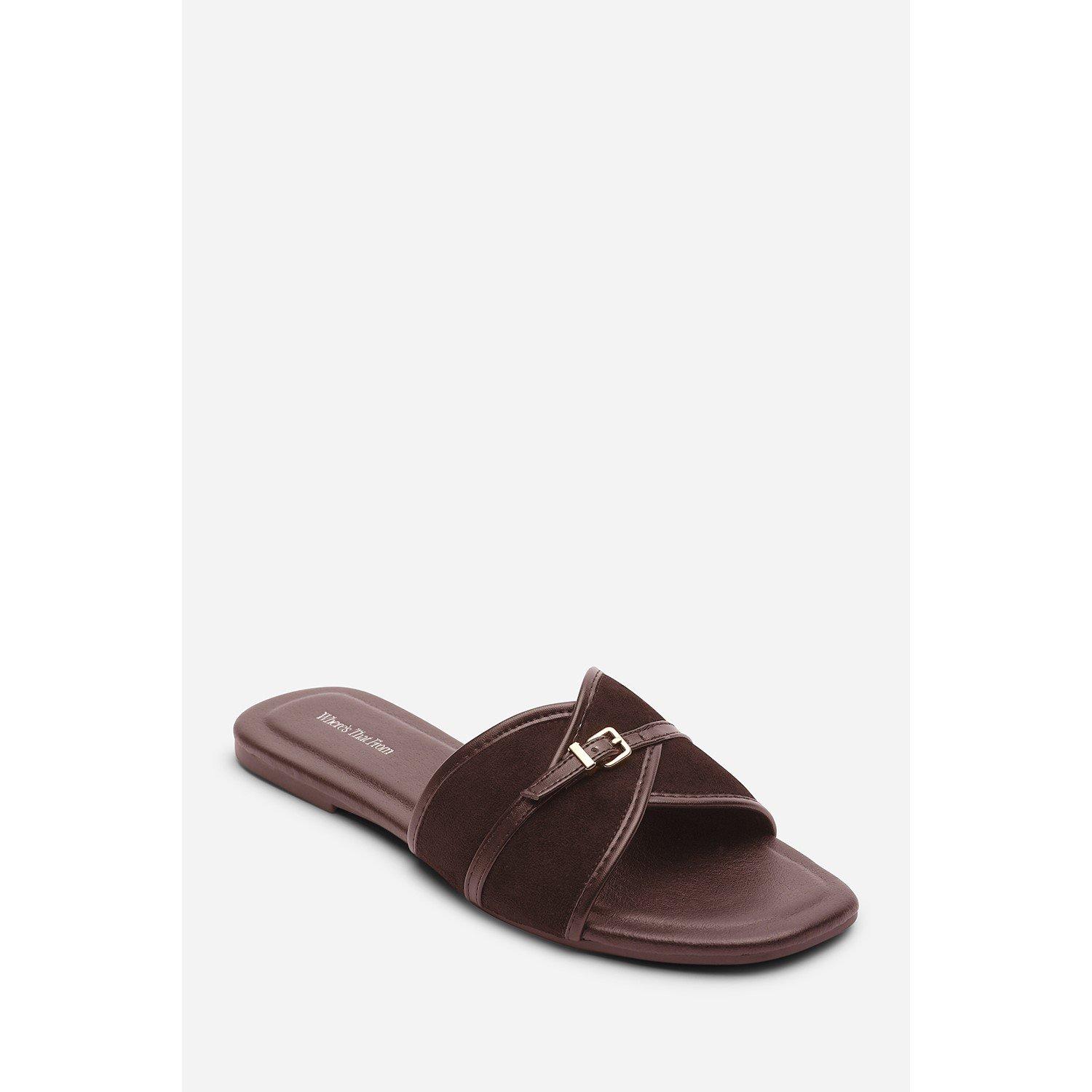 Dark Brown - Wheres That From - Mariva Cross Over Buckle Dark Brown Suede Slide on - 3