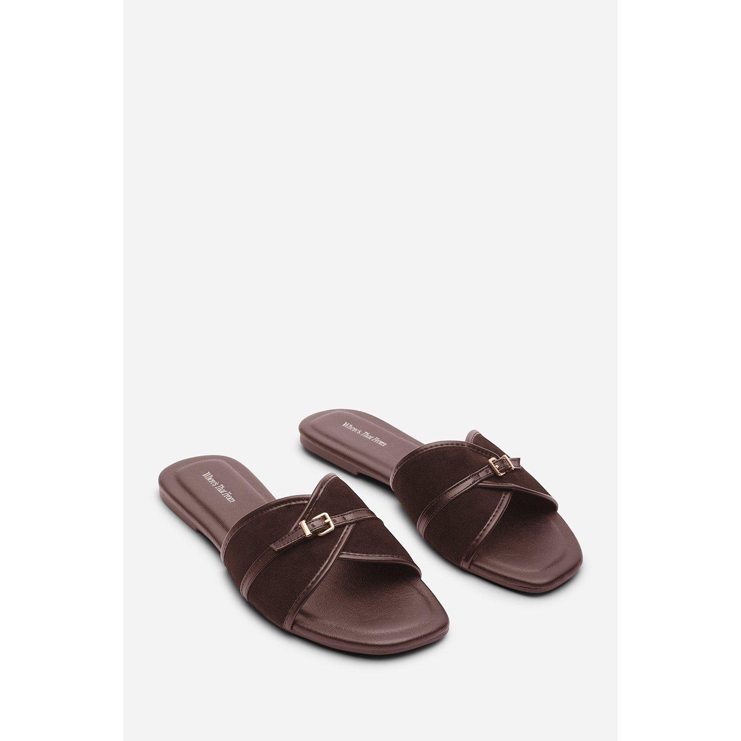 Dark Brown - Wheres That From - Mariva Cross Over Buckle Dark Brown Suede Slide on - 4