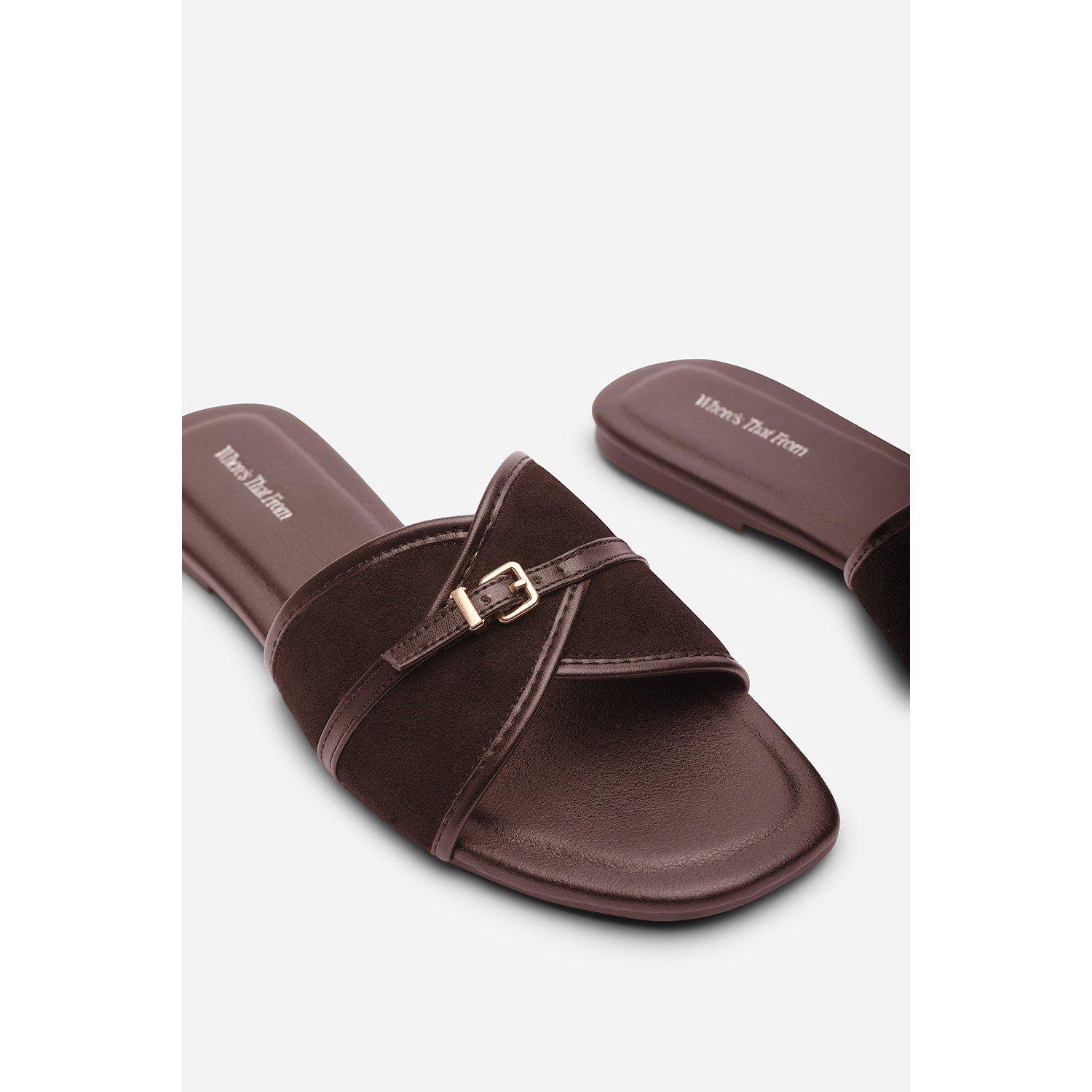 Dark Brown - Wheres That From - Mariva Cross Over Buckle Dark Brown Suede Slide on - 5
