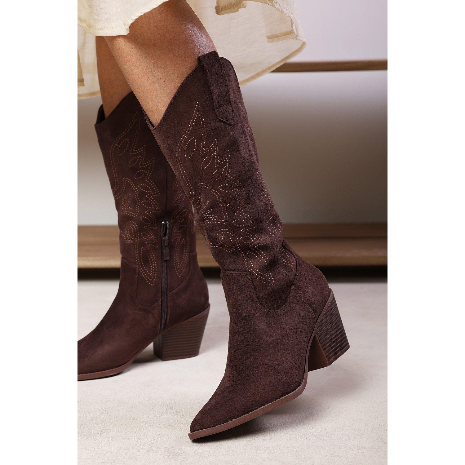 Brown - Wheres That From - Yasmine Calf Cowboy Boots Block Heel Western Embro - 1