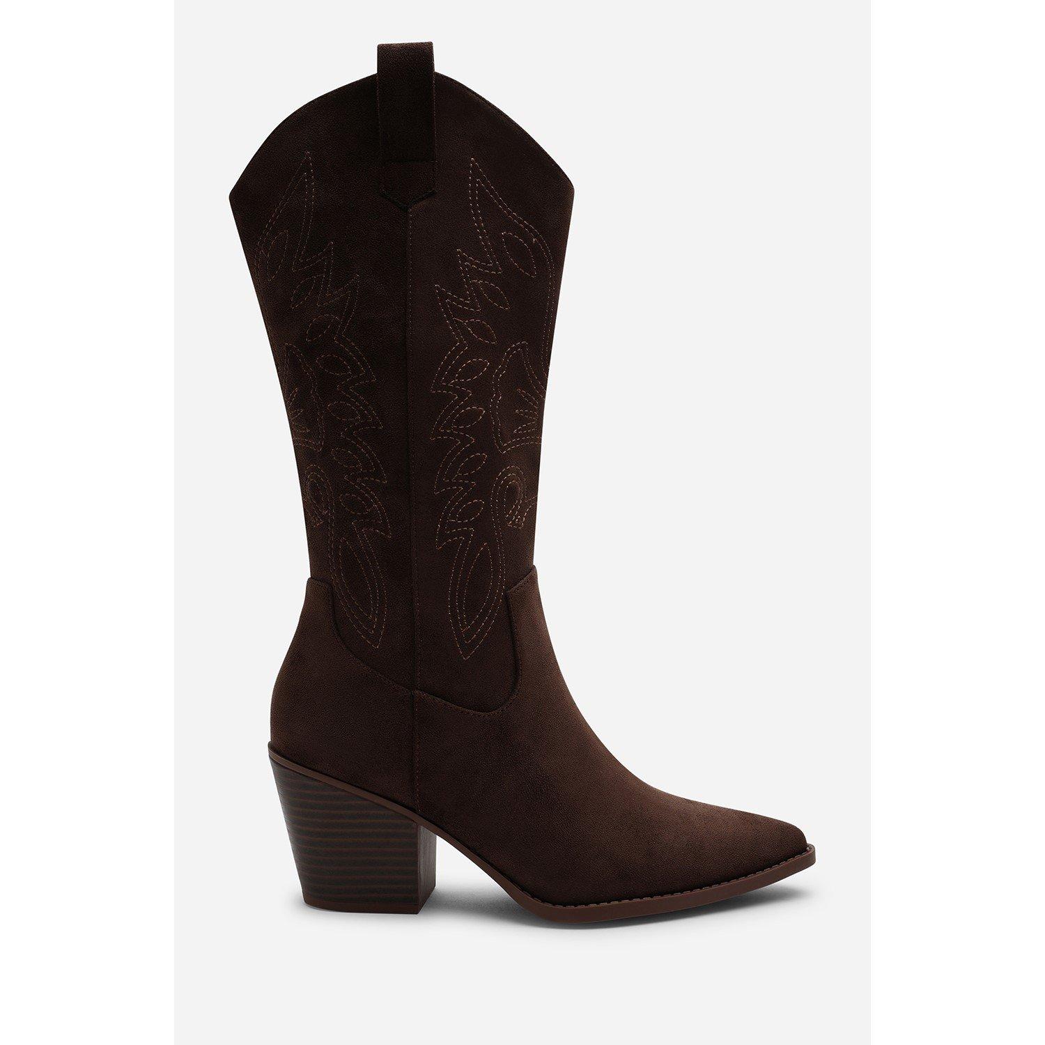 Brown - Wheres That From - Yasmine Calf Cowboy Boots Block Heel Western Embro - 3