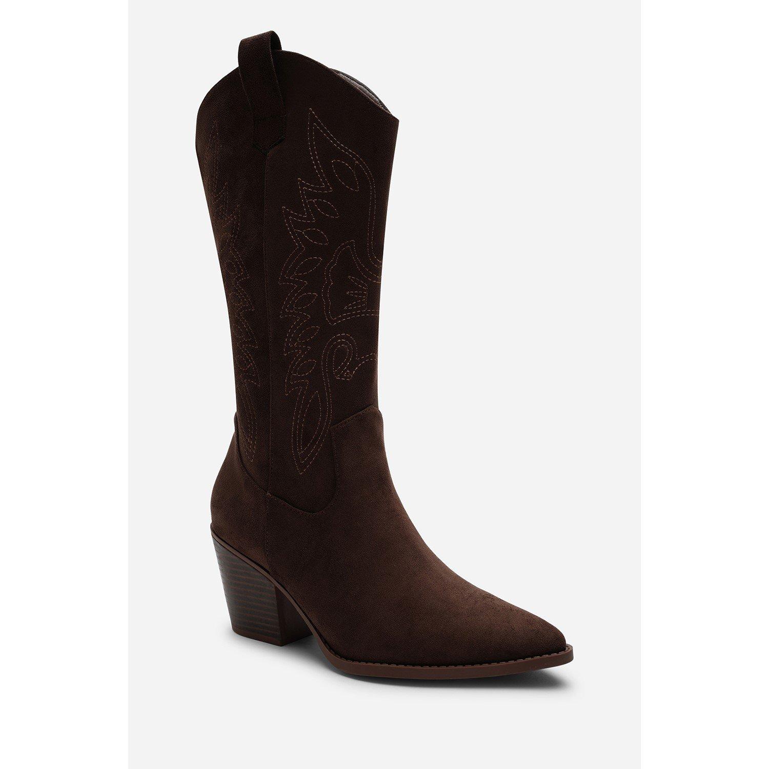 Brown - Wheres That From - Yasmine Calf Cowboy Boots Block Heel Western Embro - 4