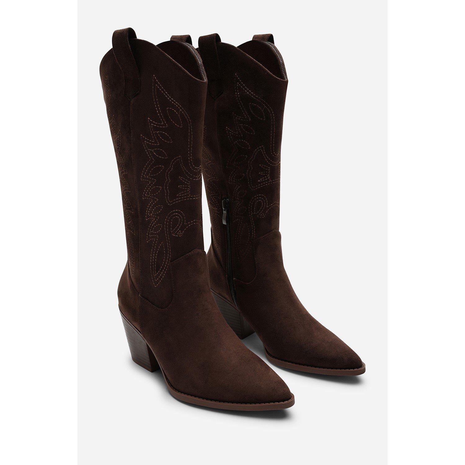 Brown - Wheres That From - Yasmine Calf Cowboy Boots Block Heel Western Embro - 5