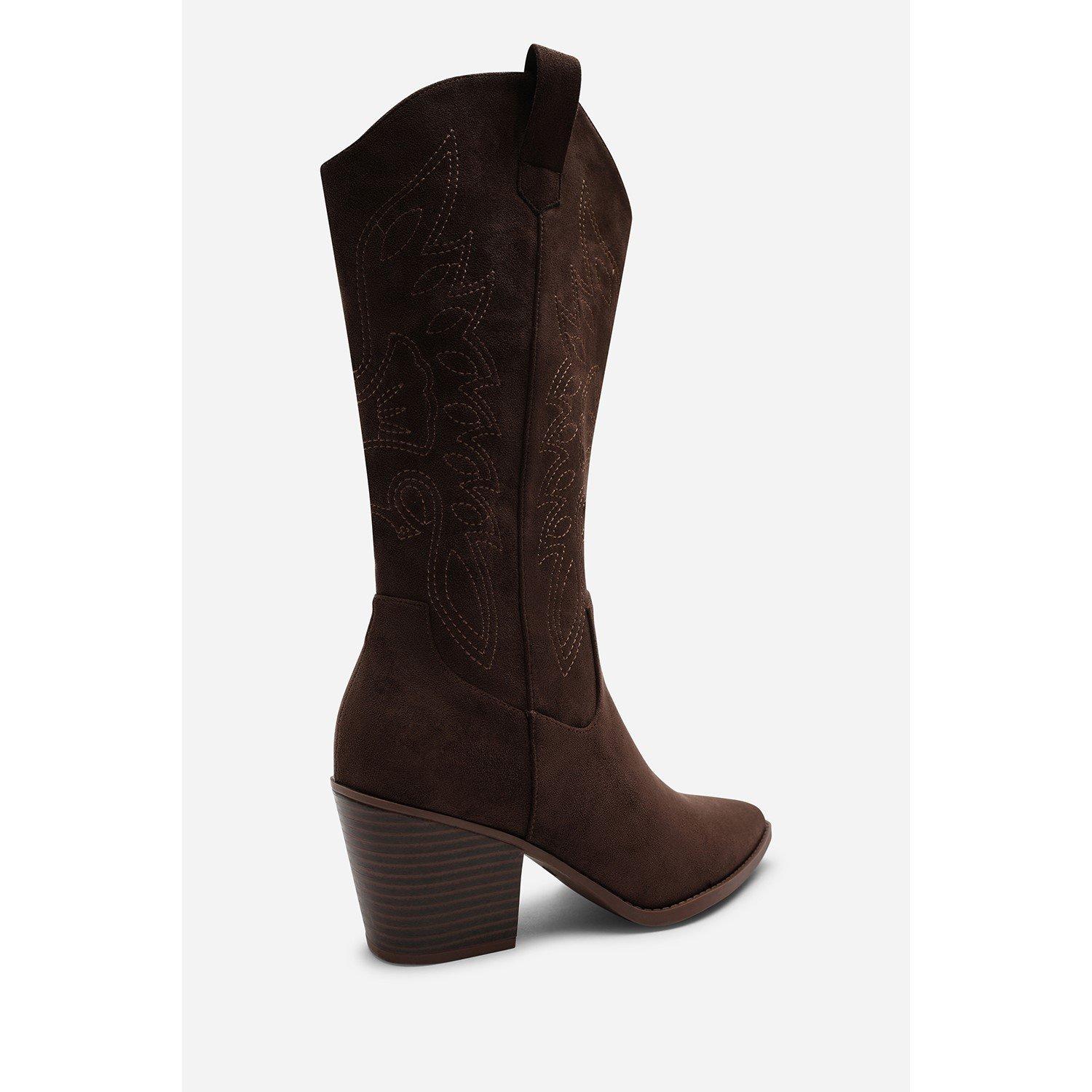 Brown - Wheres That From - Yasmine Calf Cowboy Boots Block Heel Western Embro - 6