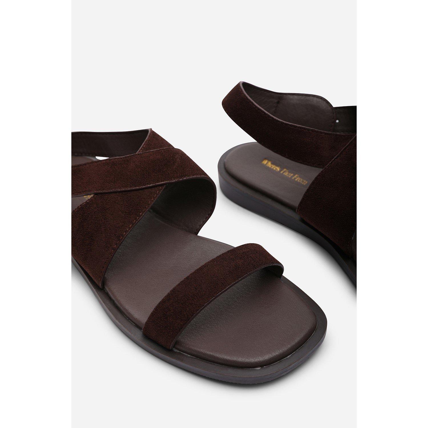 Dark Brown - Wheres That From - Canopy Cross Over Strap Dark Brown Suede Sandal - 5