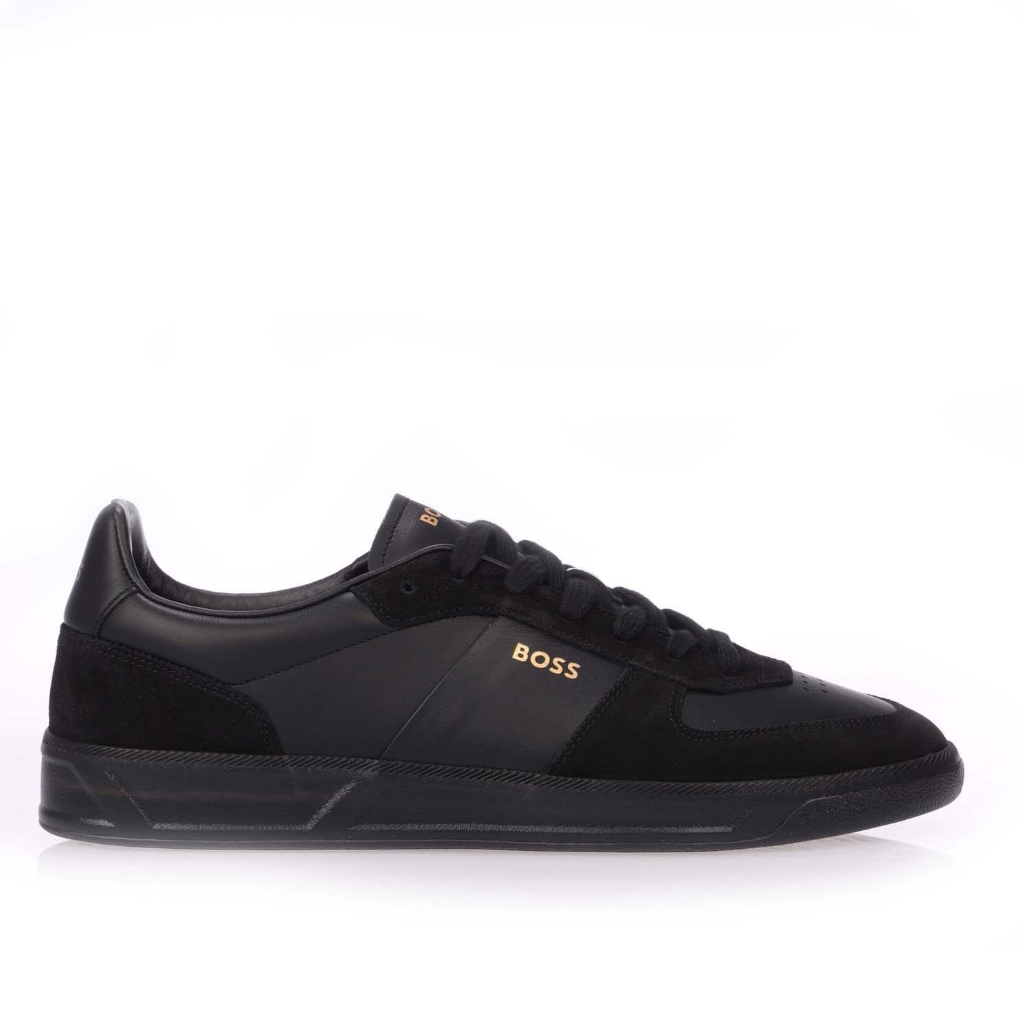 Black - Boss - Men's Foil Print Branding Leather-Suede Trainers - 1