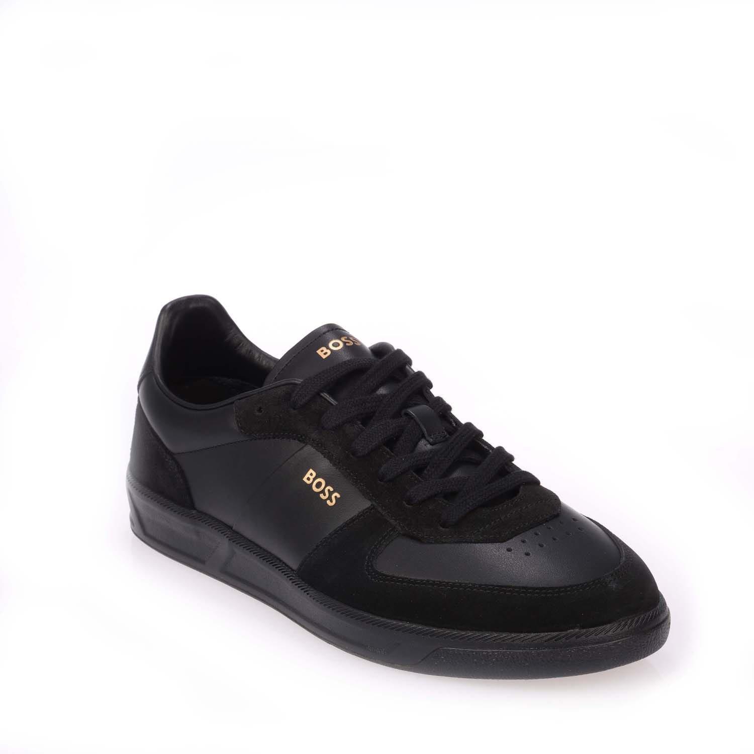 Black - Boss - Men's Foil Print Branding Leather-Suede Trainers - 2