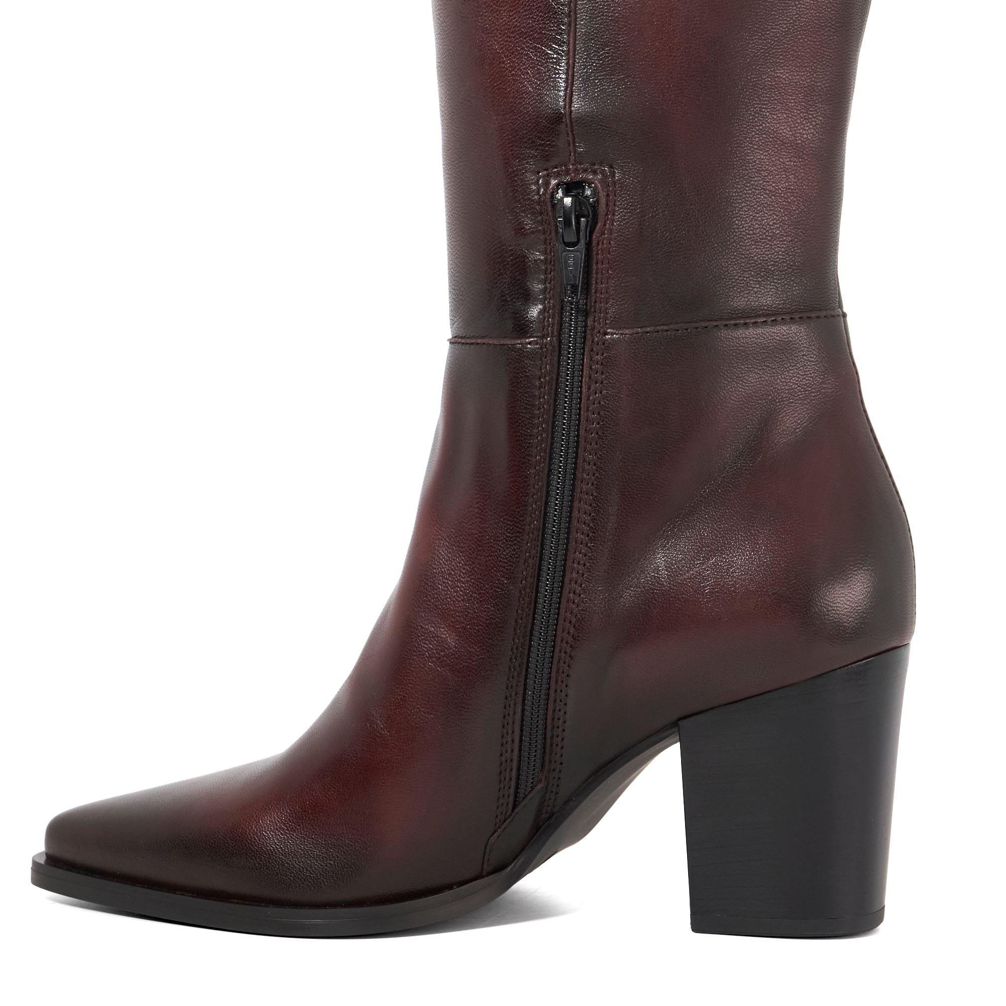 Burgundy - Dune London - Tenna Leather Block Heel Knee High Boots - 5