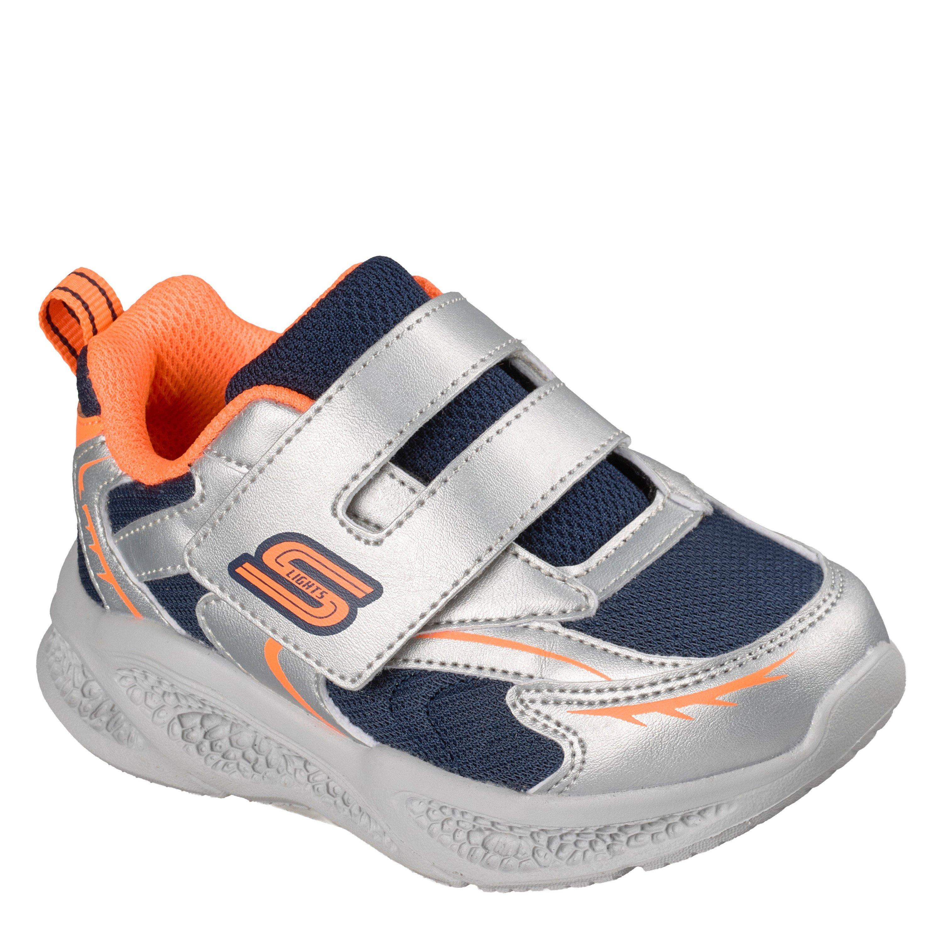Silver/Orange - Skechers - Kids' Meteor Lights Leather Light Up Trainers - 3
