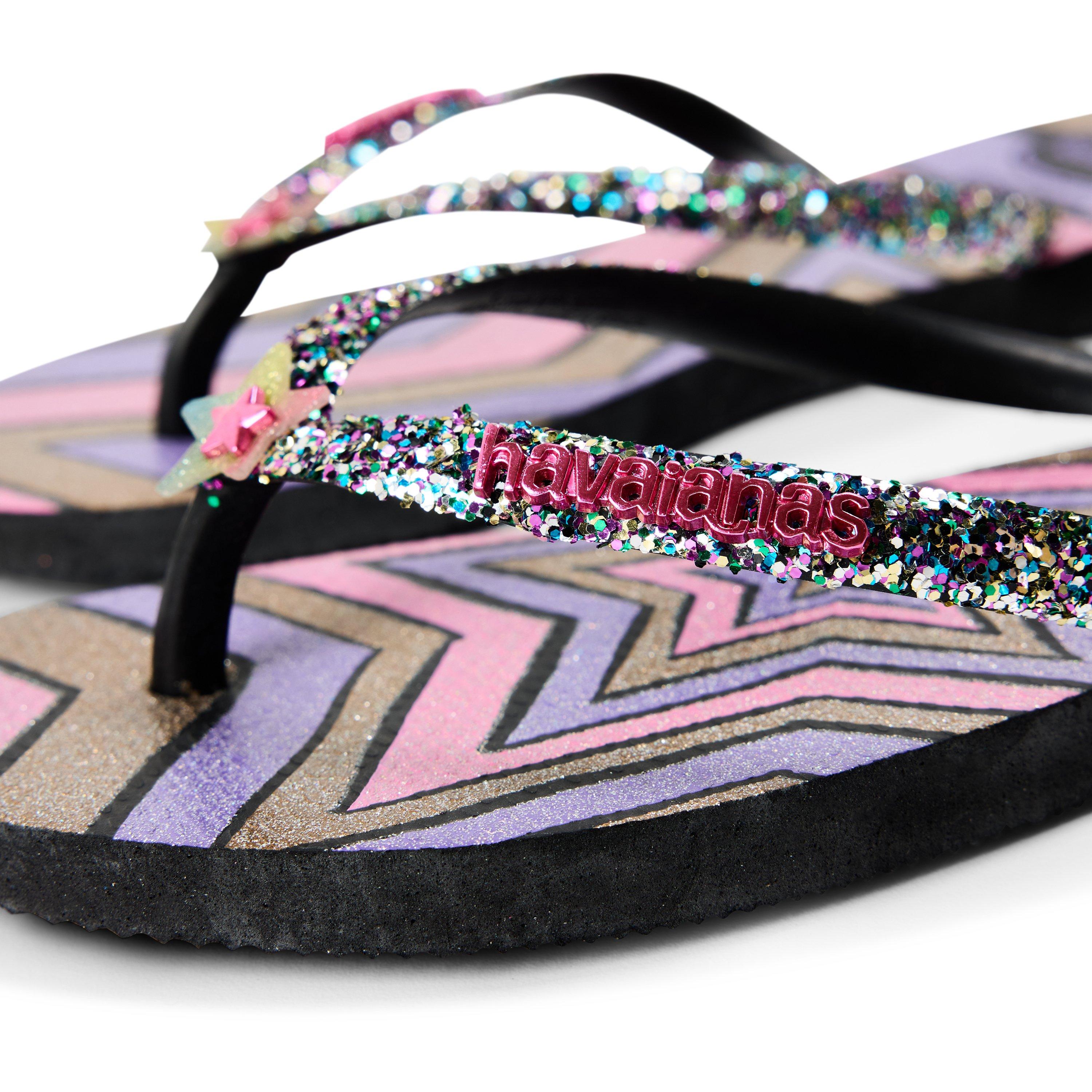 Black - Havaianas - Unisex Kids Slim Glitter Pink Flip Flops - 3