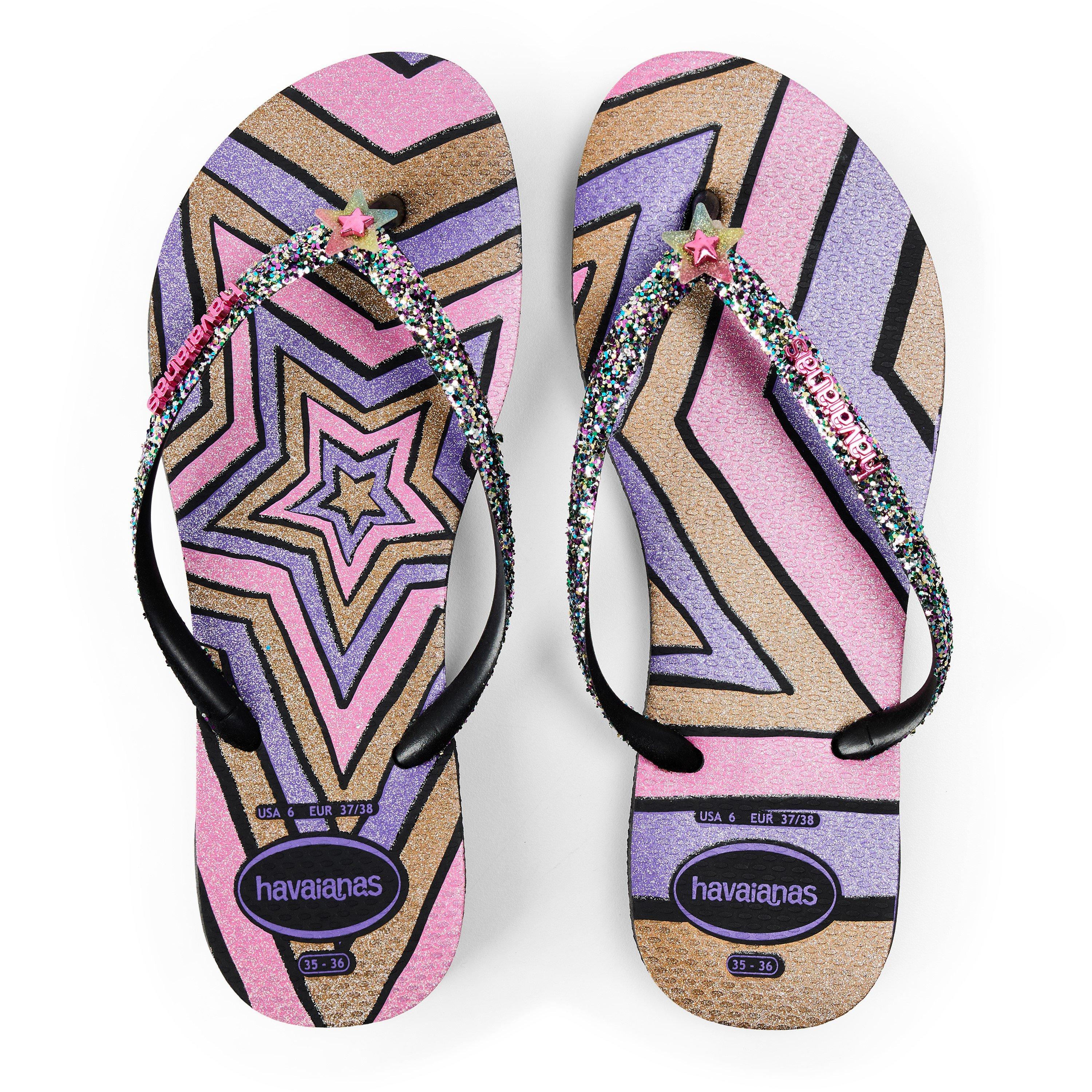 Black - Havaianas - Unisex Kids Slim Glitter Pink Flip Flops - 4