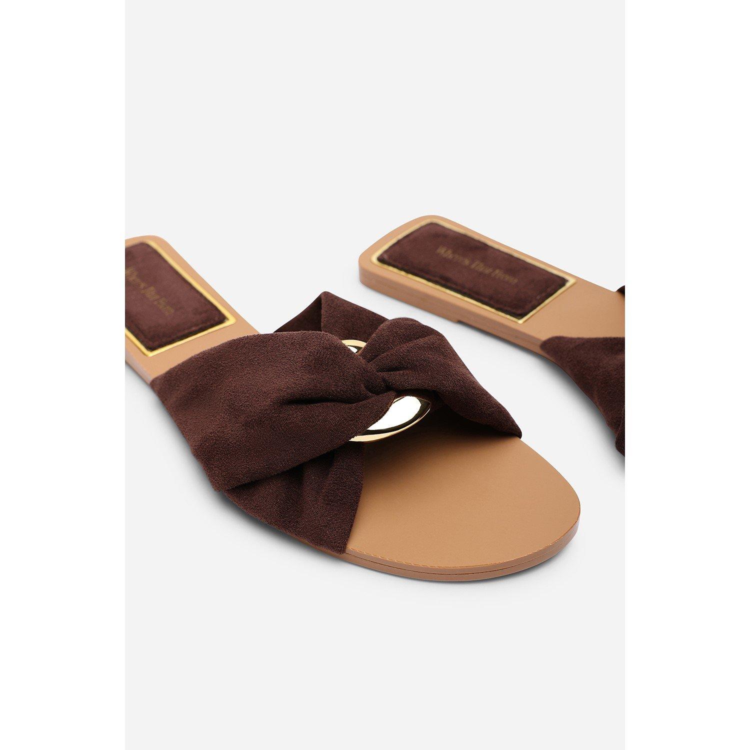 Dark Brown - Wheres That From - Lavina Knot Detail Dark Brown Suede Slide On Sanda - 4