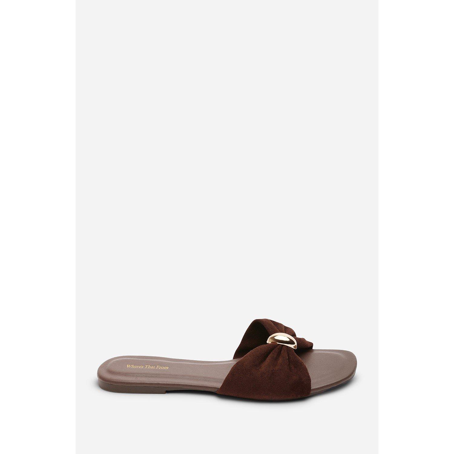 Dark Brown - Wheres That From - Arc Ruched Buckle Dark Brown Suede Slide On Sandal - 2