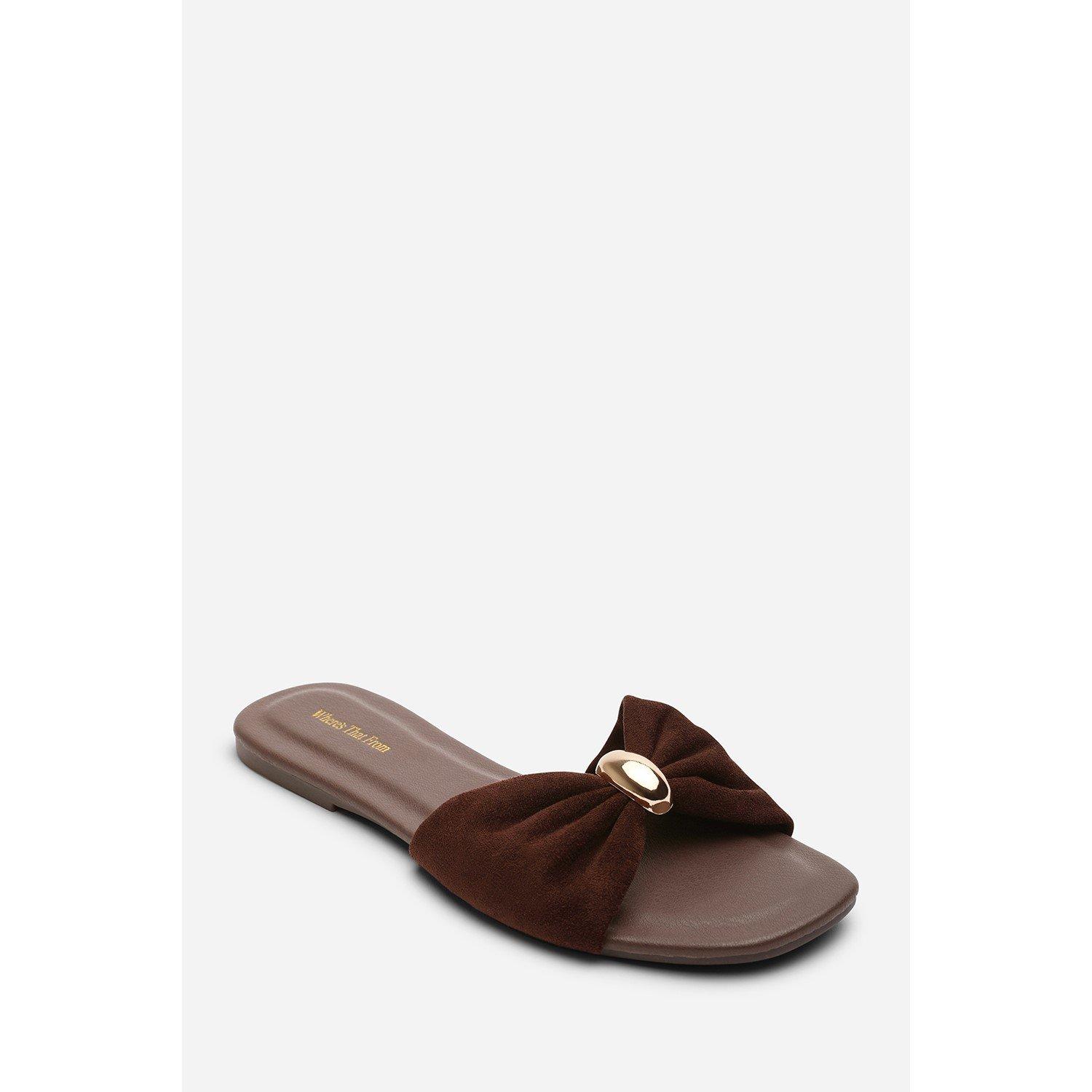 Dark Brown - Wheres That From - Arc Ruched Buckle Dark Brown Suede Slide On Sandal - 3