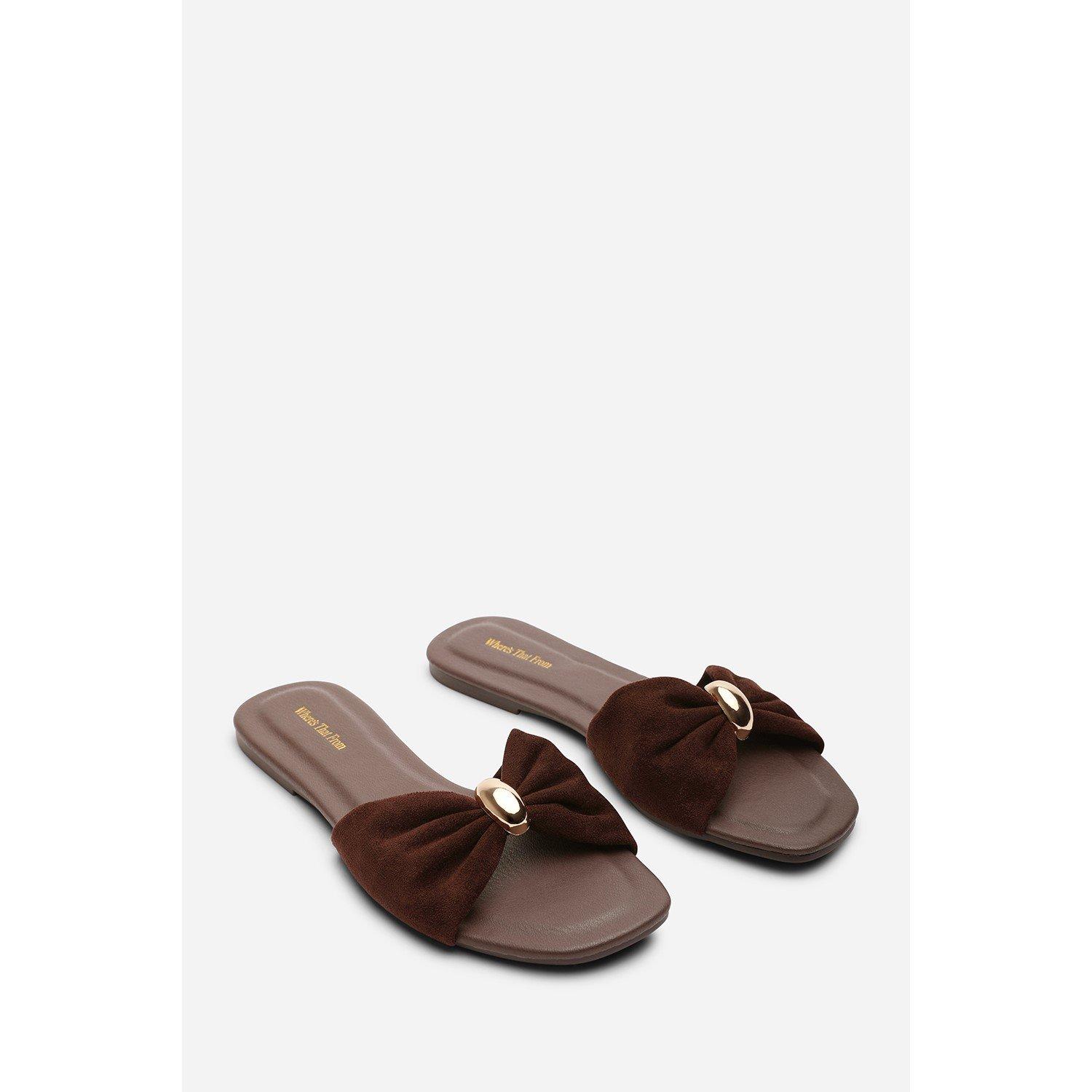 Dark Brown - Wheres That From - Arc Ruched Buckle Dark Brown Suede Slide On Sandal - 4