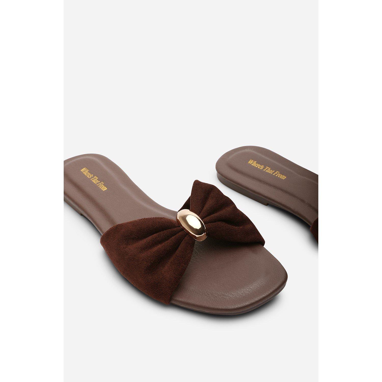 Dark Brown - Wheres That From - Arc Ruched Buckle Dark Brown Suede Slide On Sandal - 5