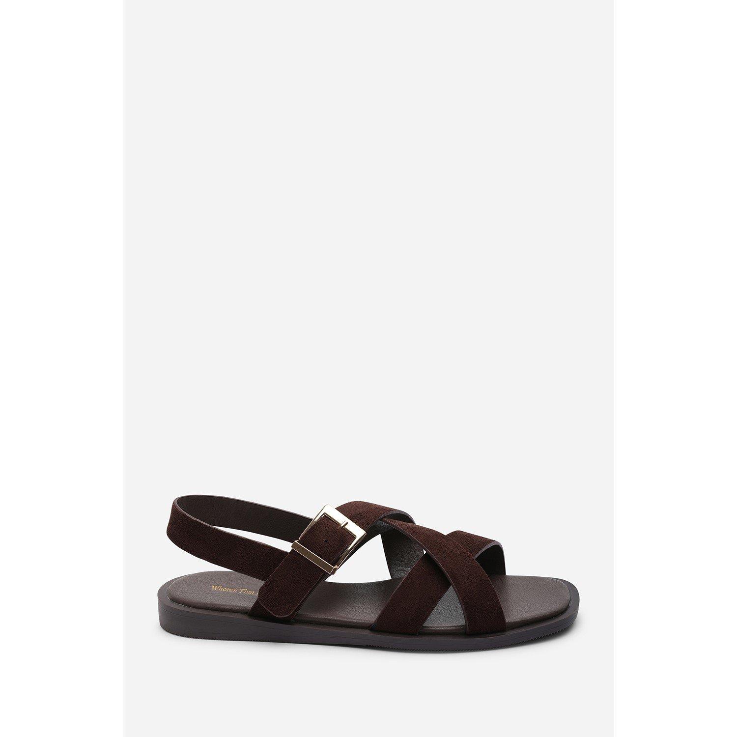 Dark Brown - Wheres That From - Capri Cross Over Open Toe Dark Brown Suede Sandal - 2
