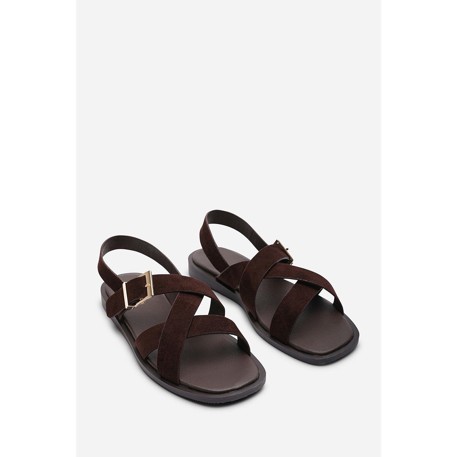 Dark Brown - Wheres That From - Capri Cross Over Open Toe Dark Brown Suede Sandal - 4
