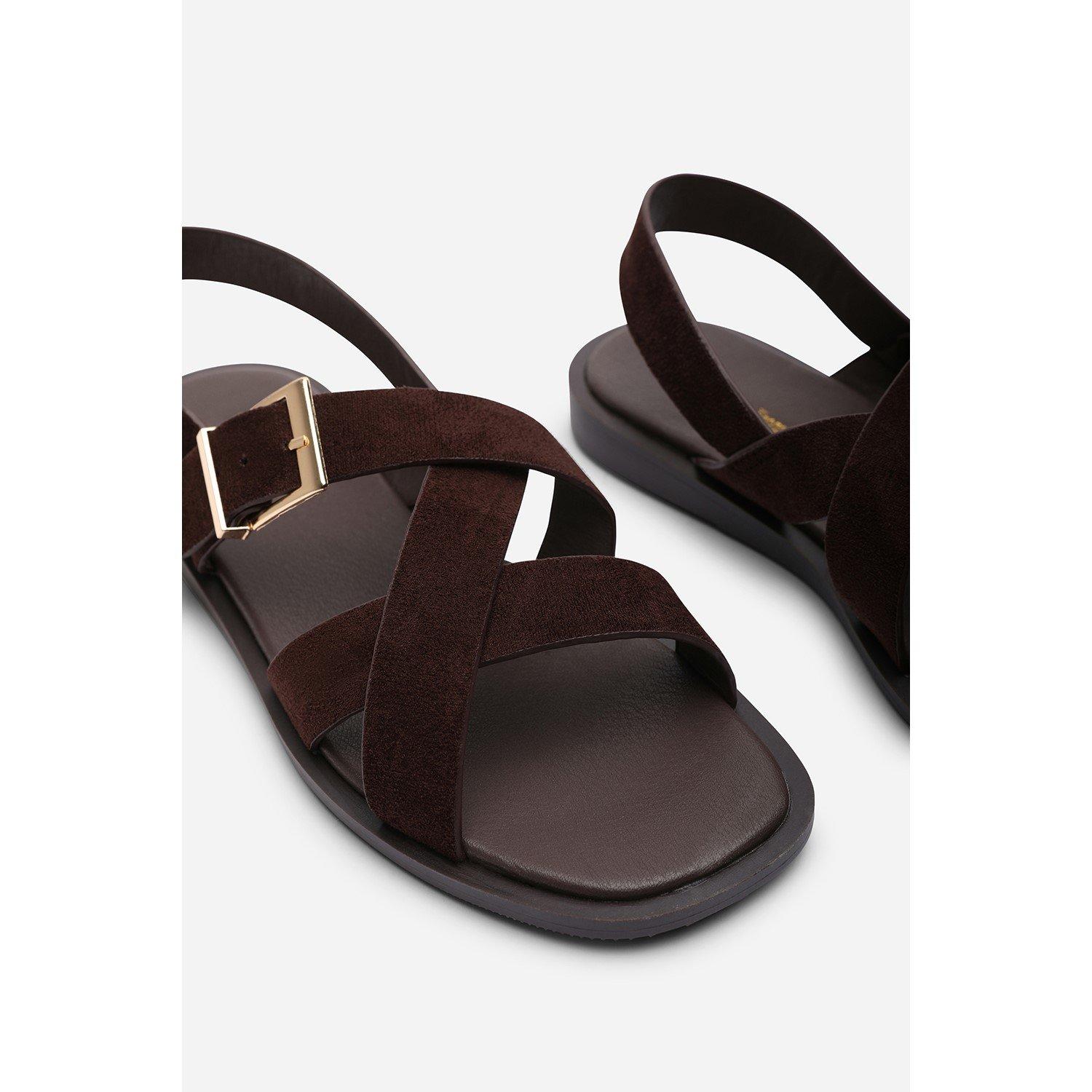 Dark Brown - Wheres That From - Capri Cross Over Open Toe Dark Brown Suede Sandal - 5