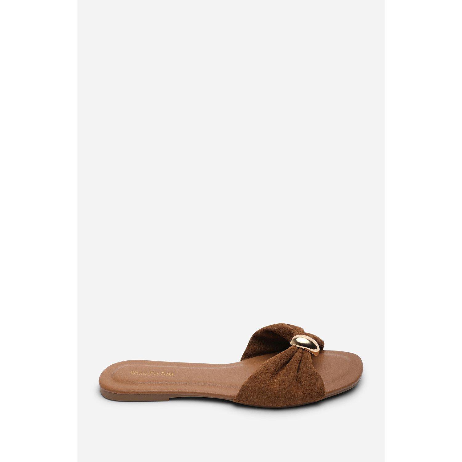 Cognac - Wheres That From - Arc Ruched Buckle Cognac Suede Slide On Sandal - 2