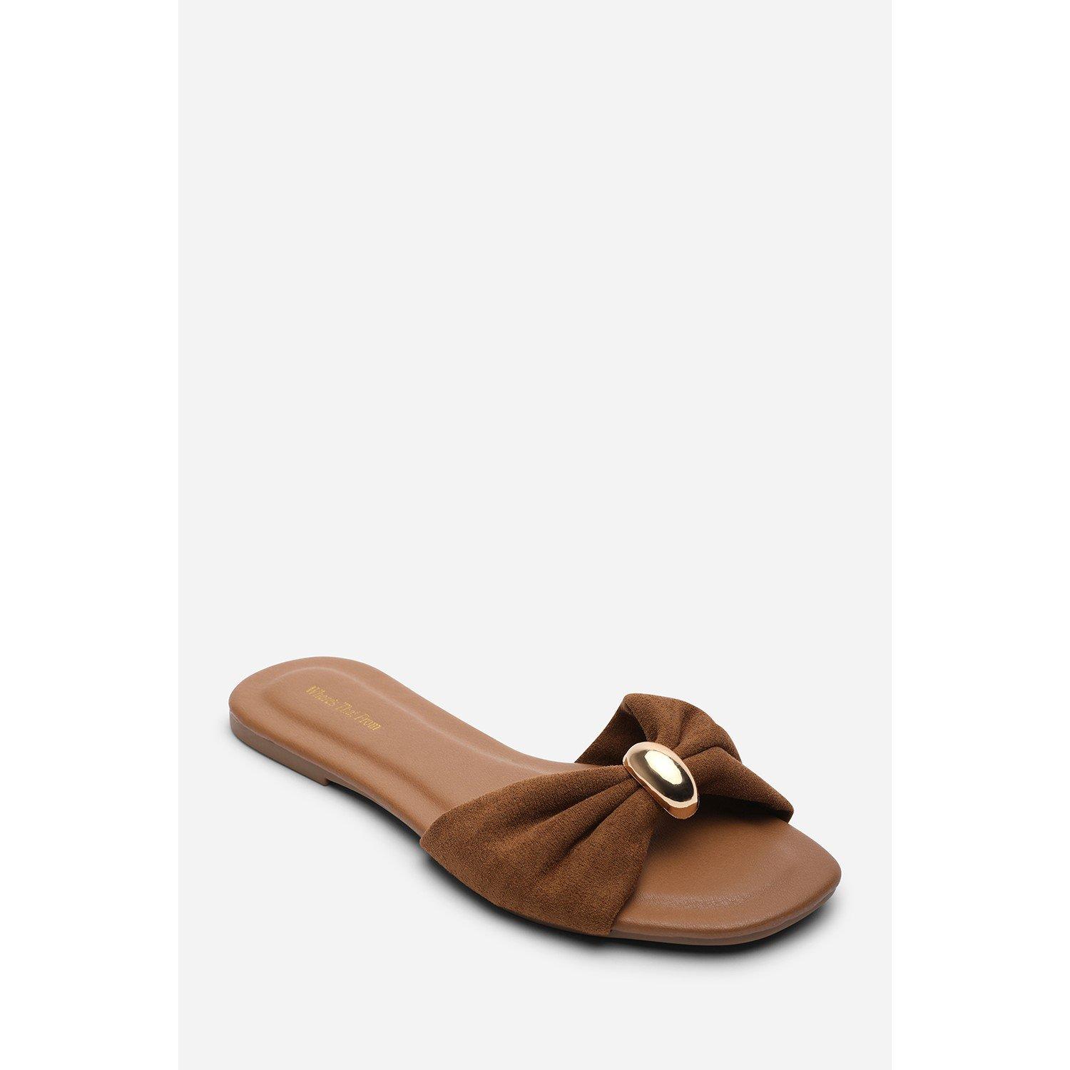 Cognac - Wheres That From - Arc Ruched Buckle Cognac Suede Slide On Sandal - 3